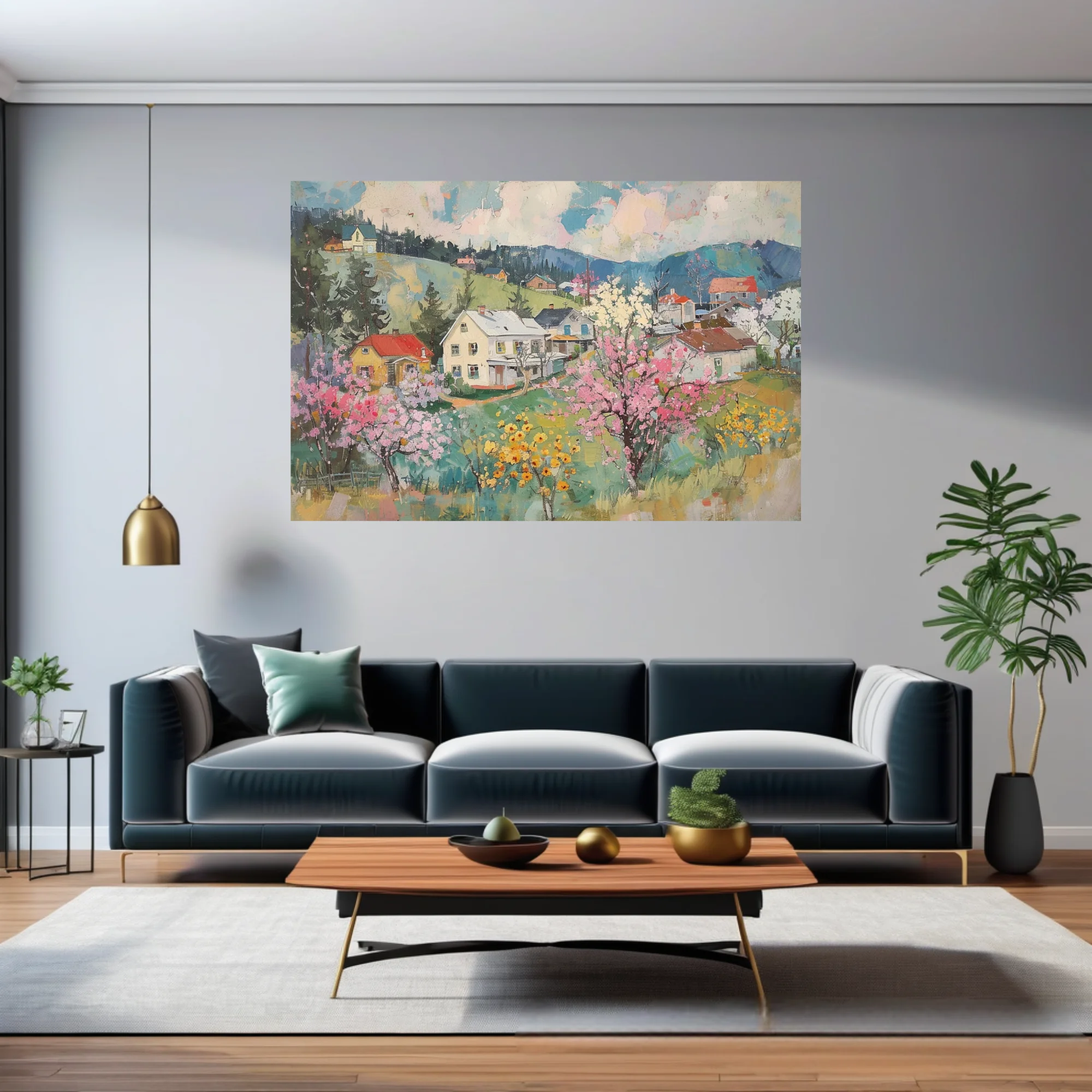 Painterly spring village landscape with blossoming trees, cottages, and rolling green hills in pastel hues