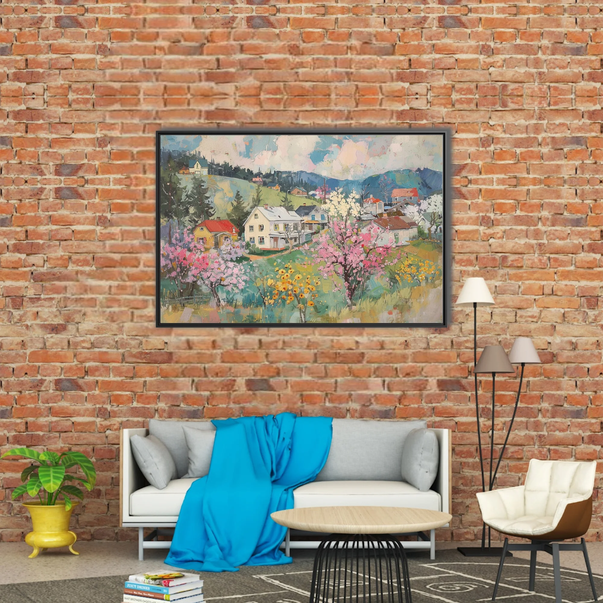 Painterly spring village landscape with blossoming trees, cottages, and rolling green hills in pastel hues