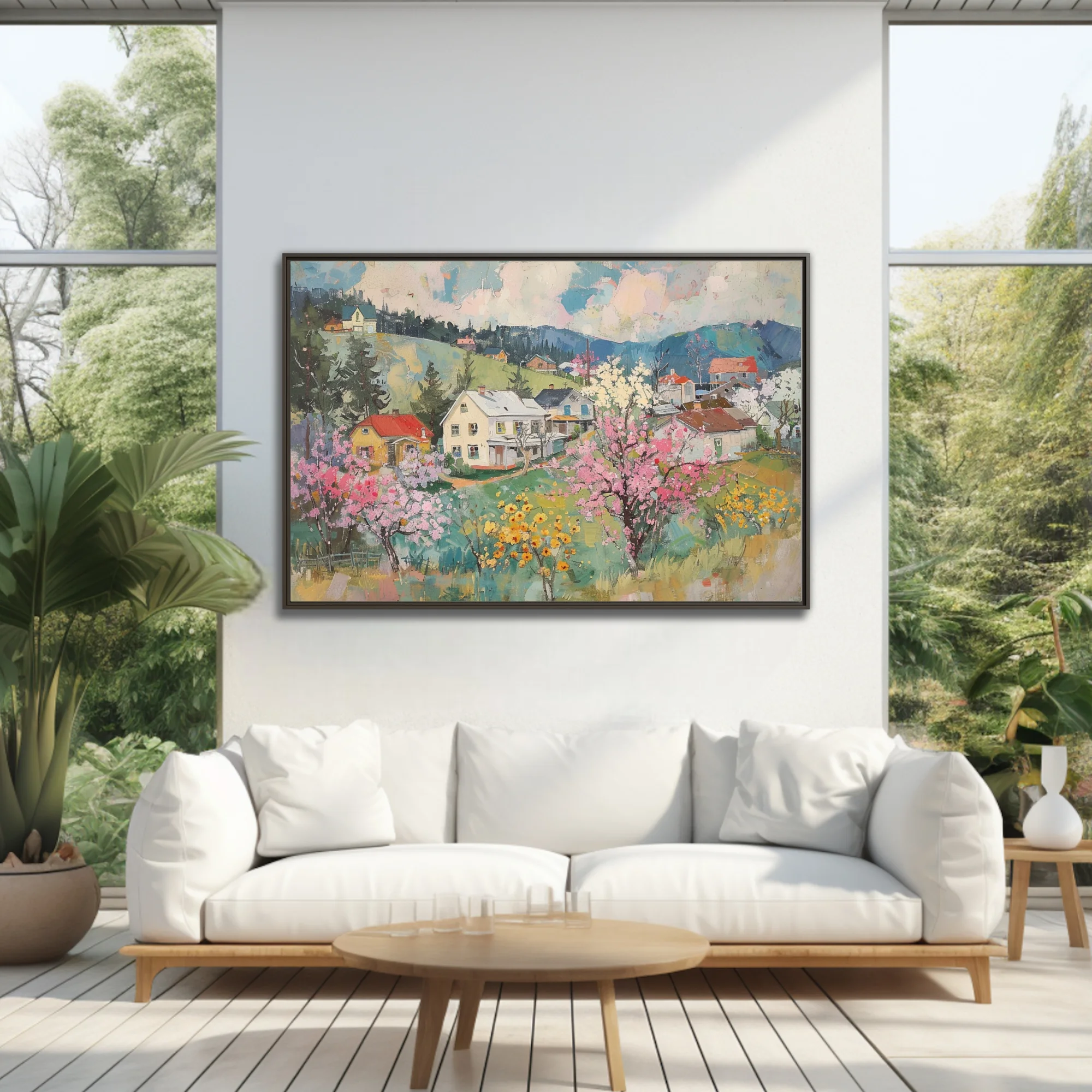 Painterly spring village landscape with blossoming trees, cottages, and rolling green hills in pastel hues