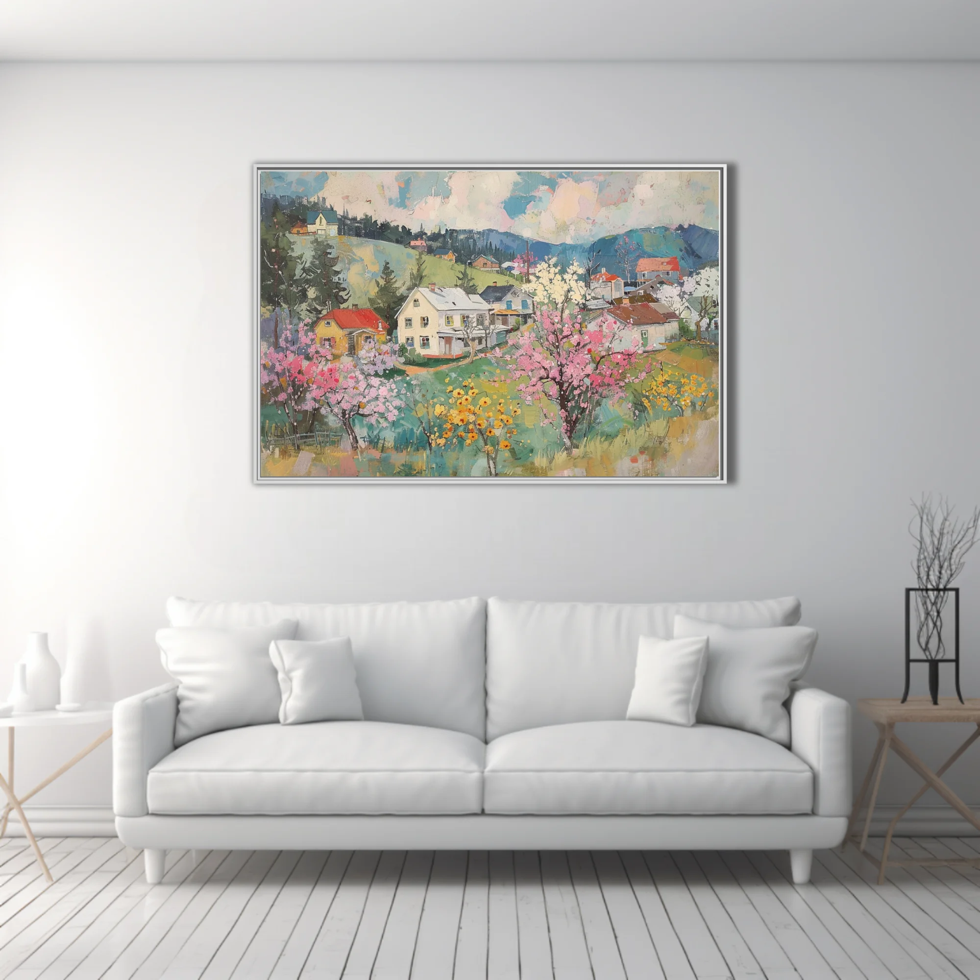Painterly spring village landscape with blossoming trees, cottages, and rolling green hills in pastel hues