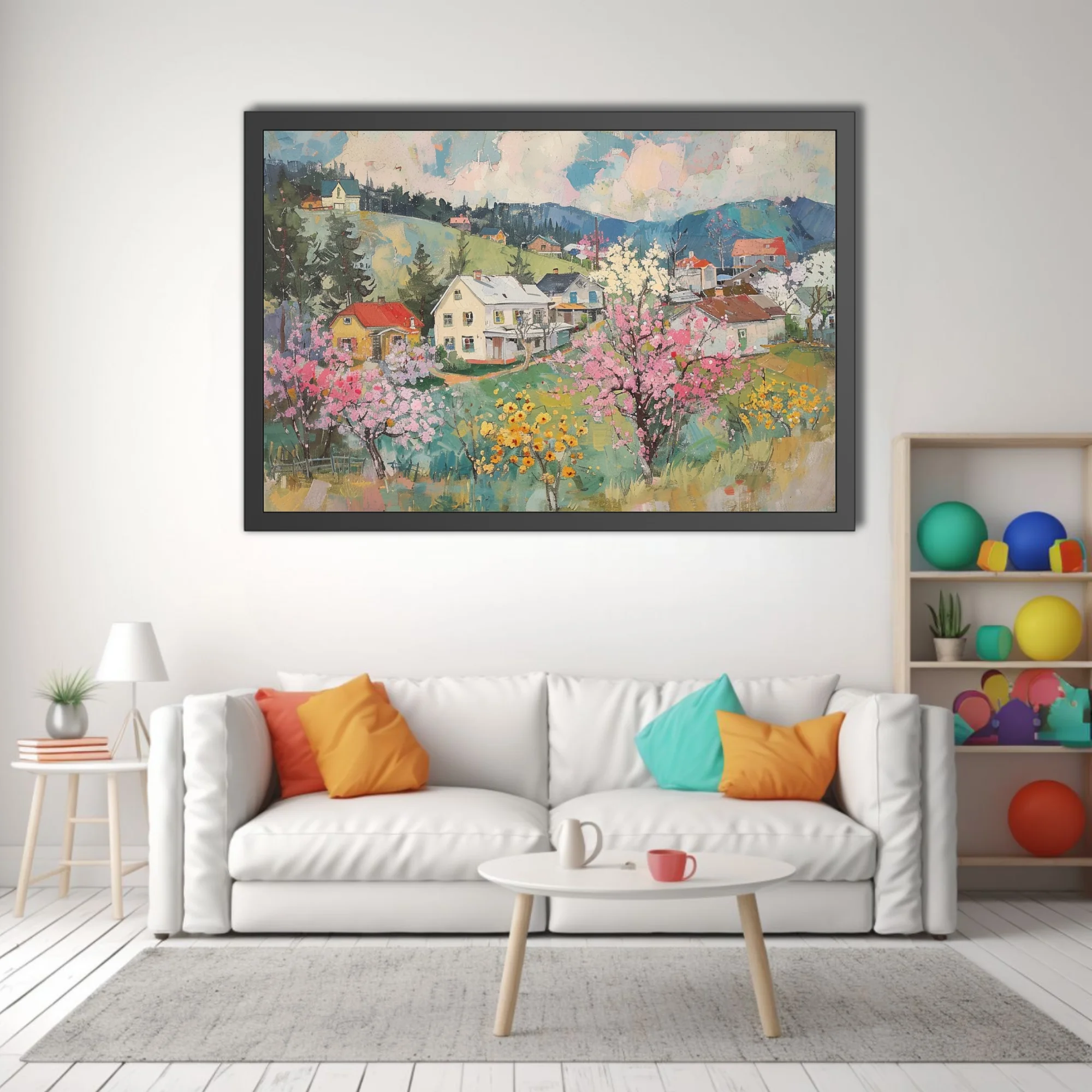 Painterly spring village landscape with blossoming trees, cottages, and rolling green hills in pastel hues