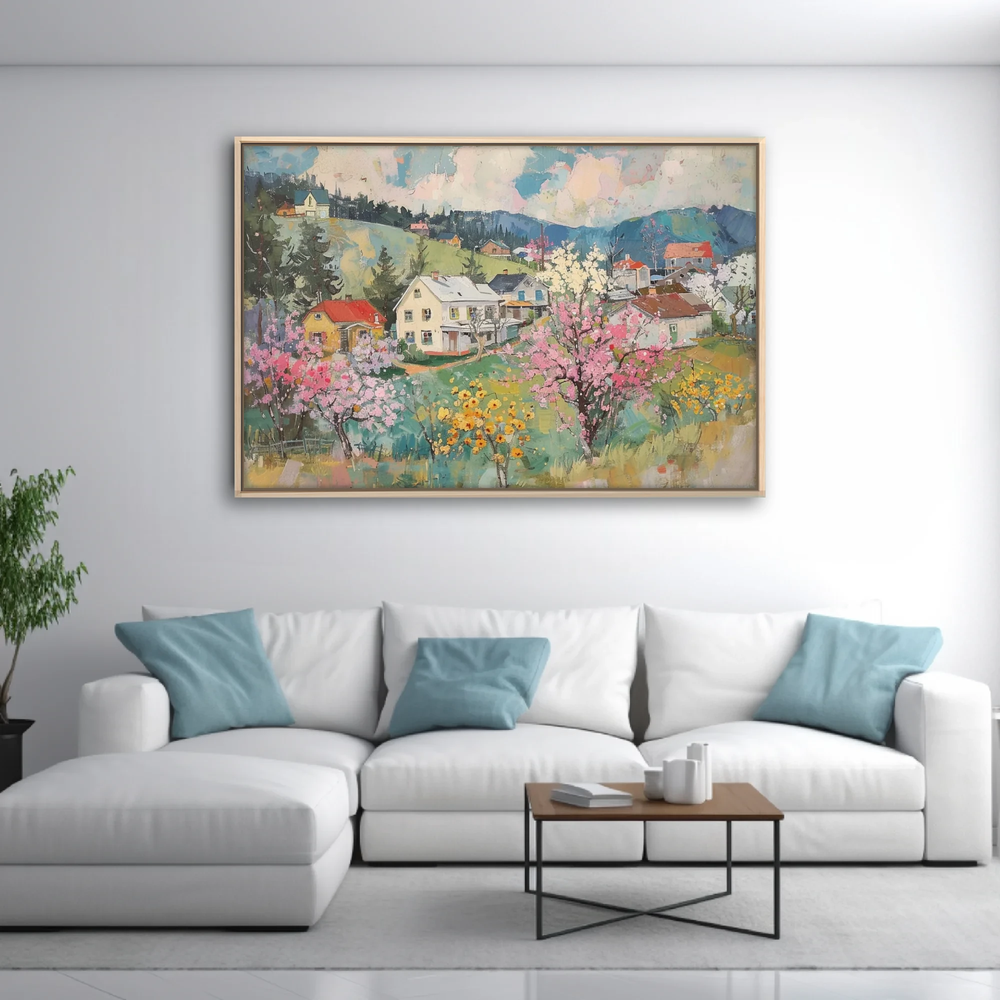 Painterly spring village landscape with blossoming trees, cottages, and rolling green hills in pastel hues
