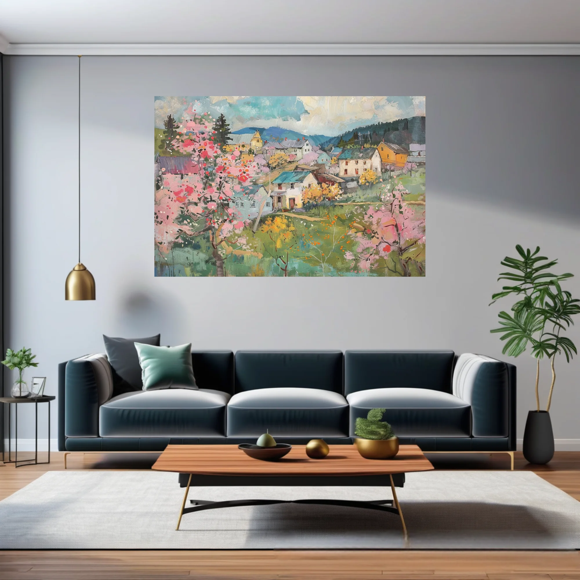 Painterly spring village landscape with pink blossoms, cottages, and rolling hills in soft pastels