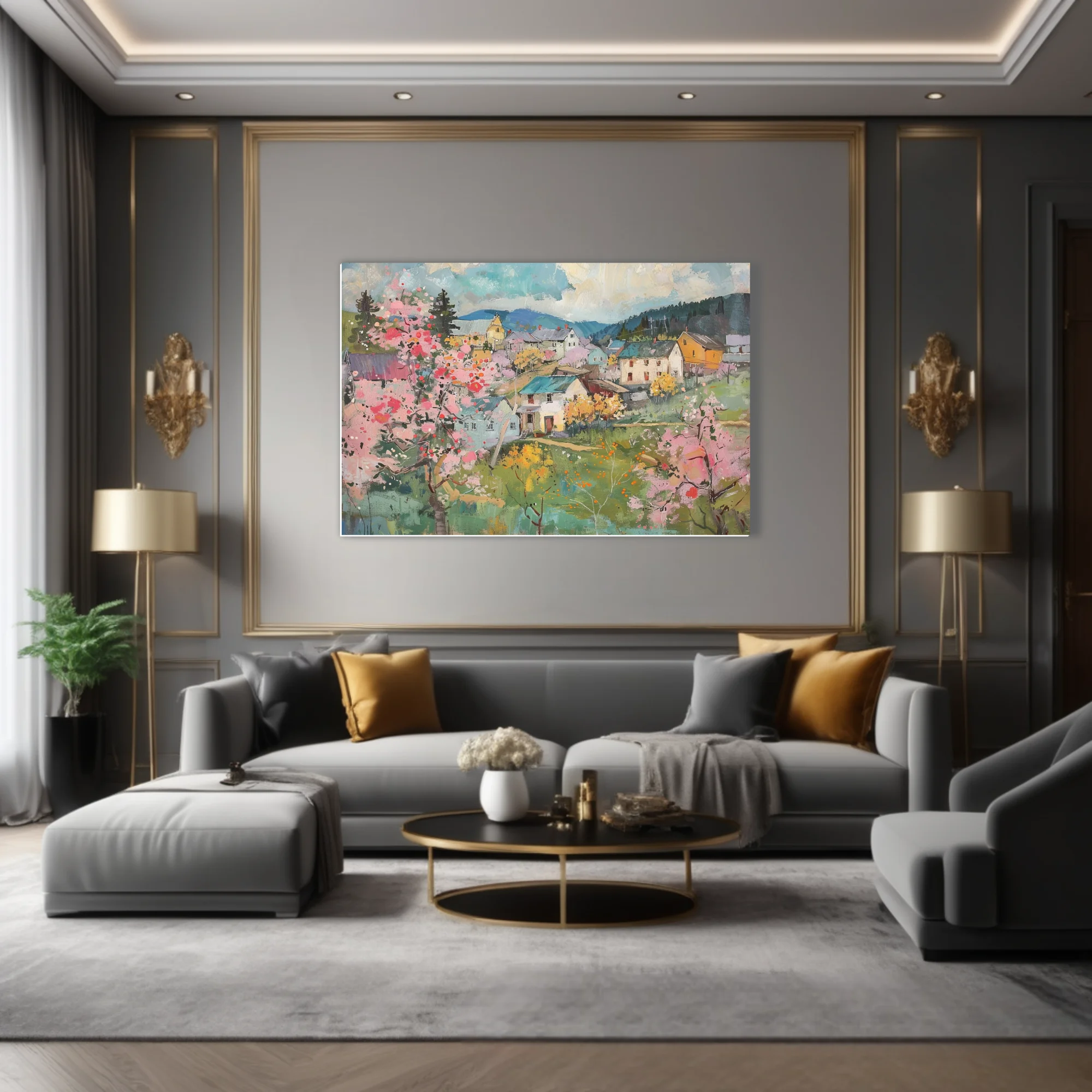 Painterly spring village landscape with pink blossoms, cottages, and rolling hills in soft pastels