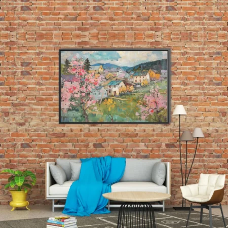 Painterly spring village landscape with pink blossoms, cottages, and rolling hills in soft pastels
