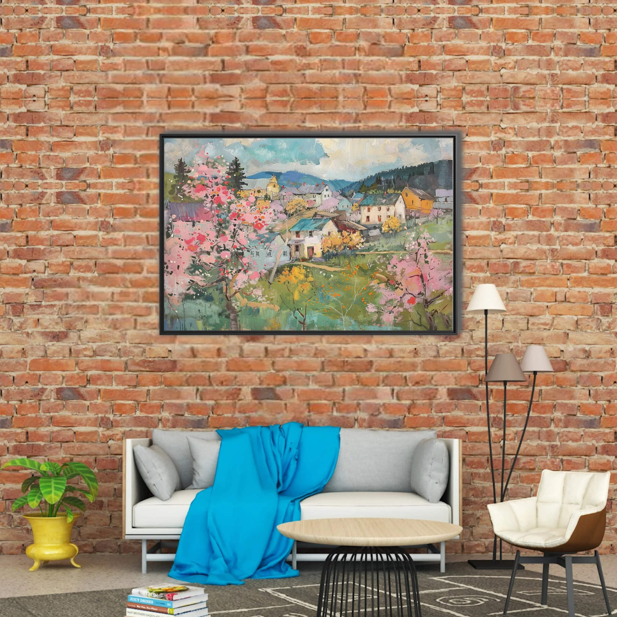Painterly spring village landscape with pink blossoms, cottages, and rolling hills in soft pastels