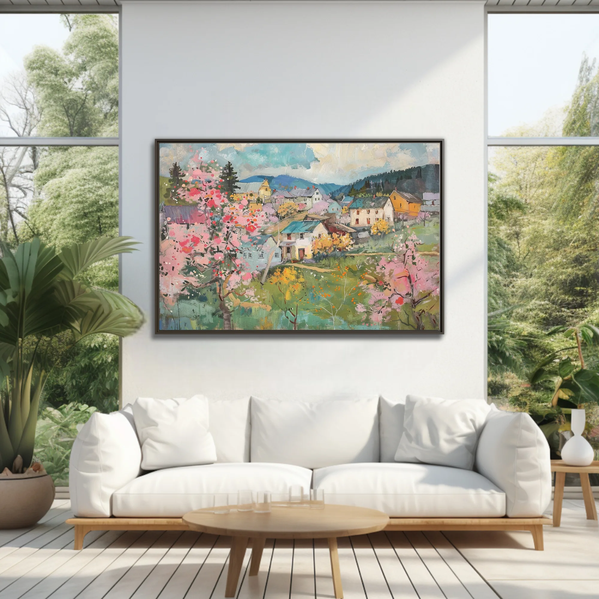 Painterly spring village landscape with pink blossoms, cottages, and rolling hills in soft pastels