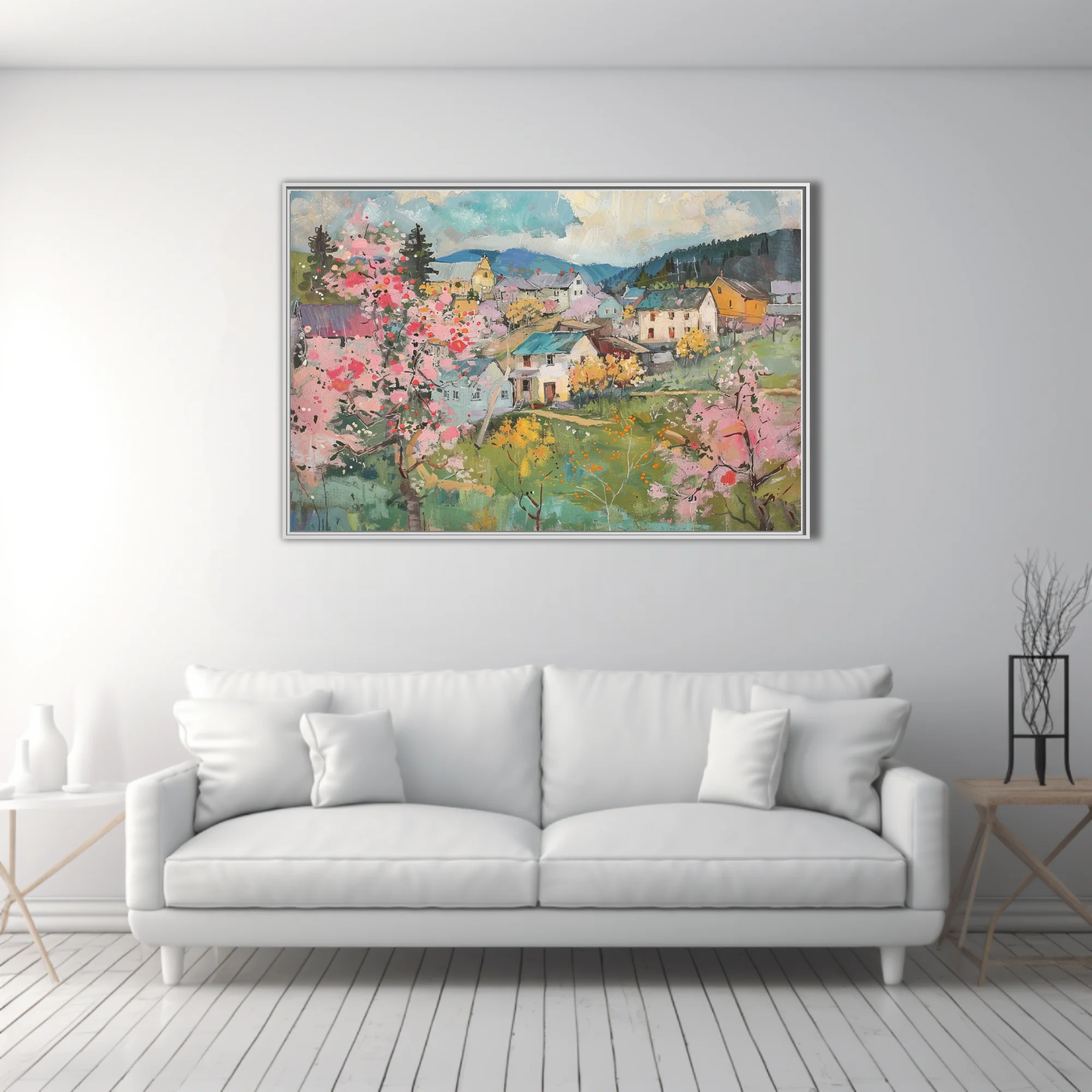 Painterly spring village landscape with pink blossoms, cottages, and rolling hills in soft pastels