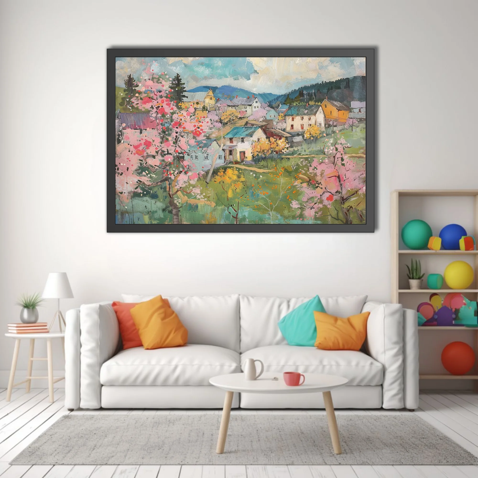 Painterly spring village landscape with pink blossoms, cottages, and rolling hills in soft pastels