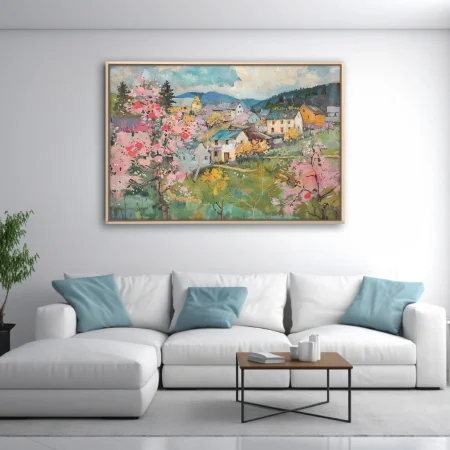 Painterly spring village landscape with pink blossoms, cottages, and rolling hills in soft pastels