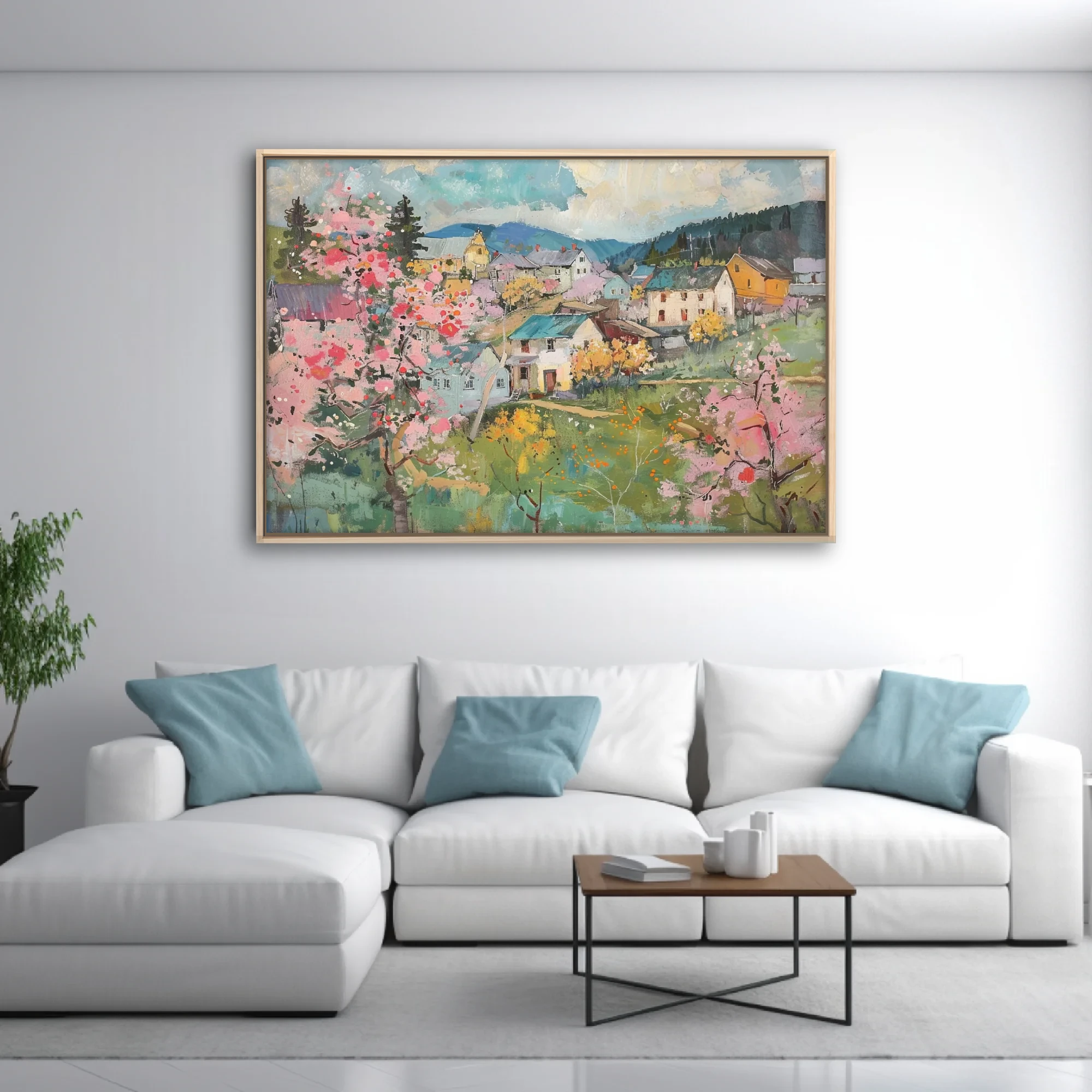 Painterly spring village landscape with pink blossoms, cottages, and rolling hills in soft pastels