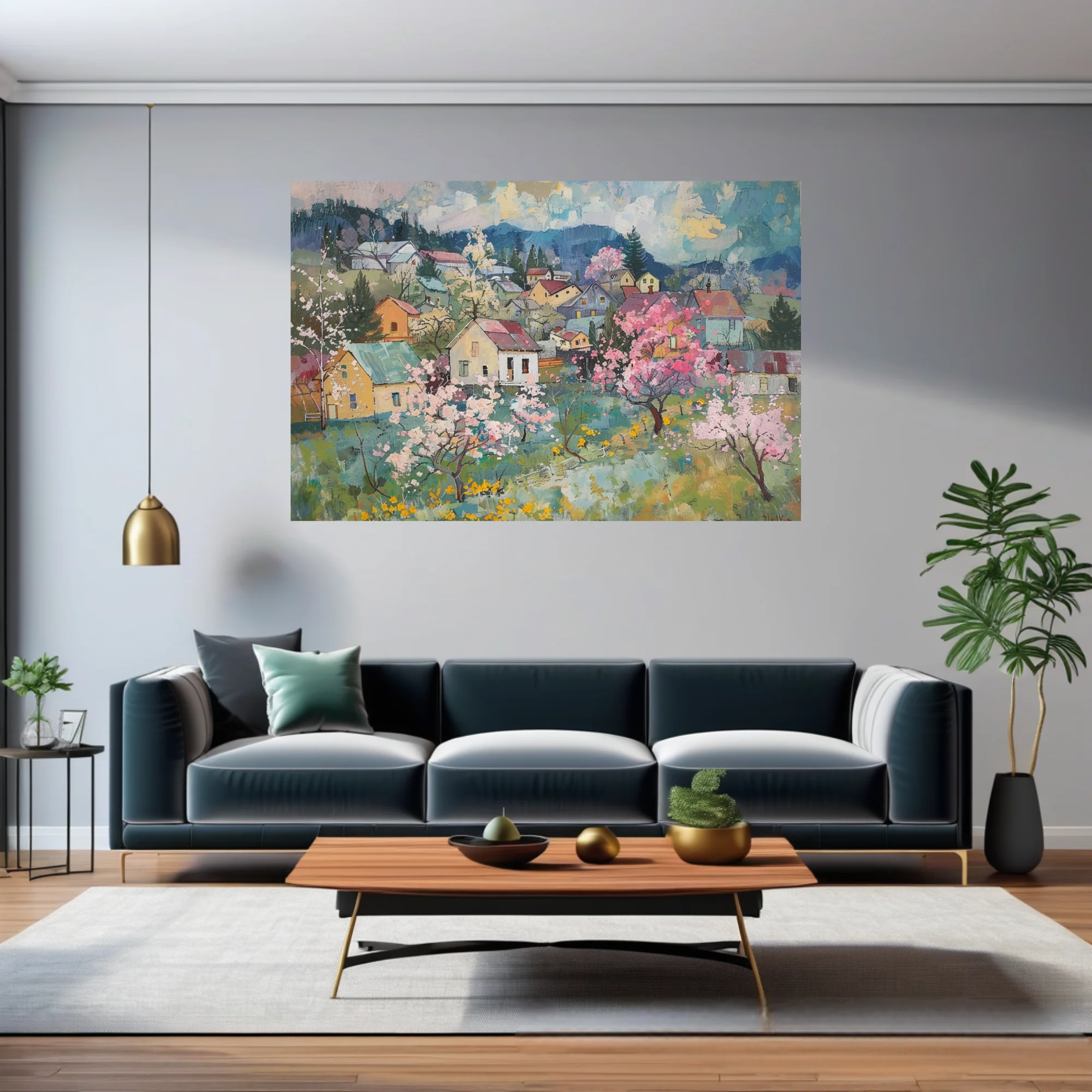 Painterly spring village with pink blossom trees, cottages, and blue mountains in soft pastel tones