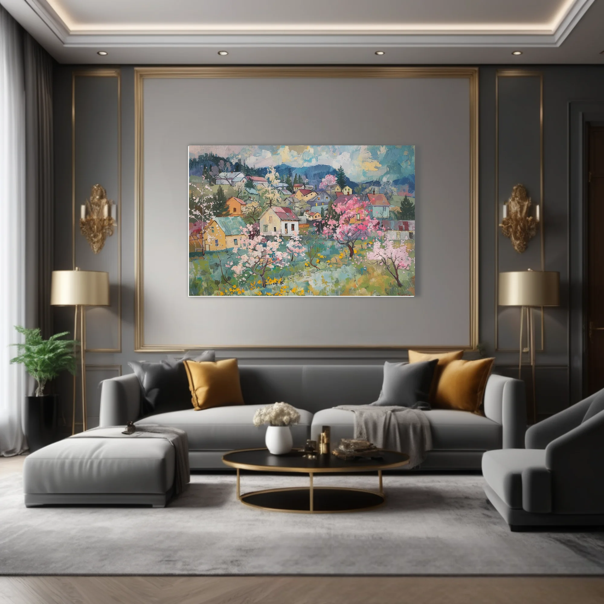 Painterly spring village with pink blossom trees, cottages, and blue mountains in soft pastel tones