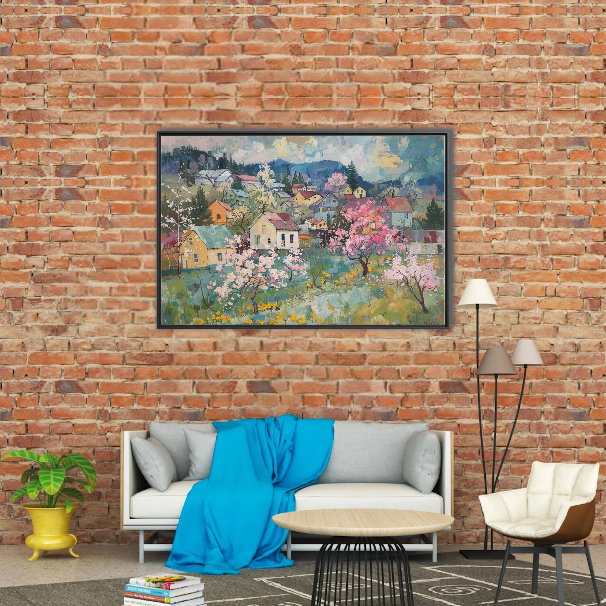 Painterly spring village with pink blossom trees, cottages, and blue mountains in soft pastel tones