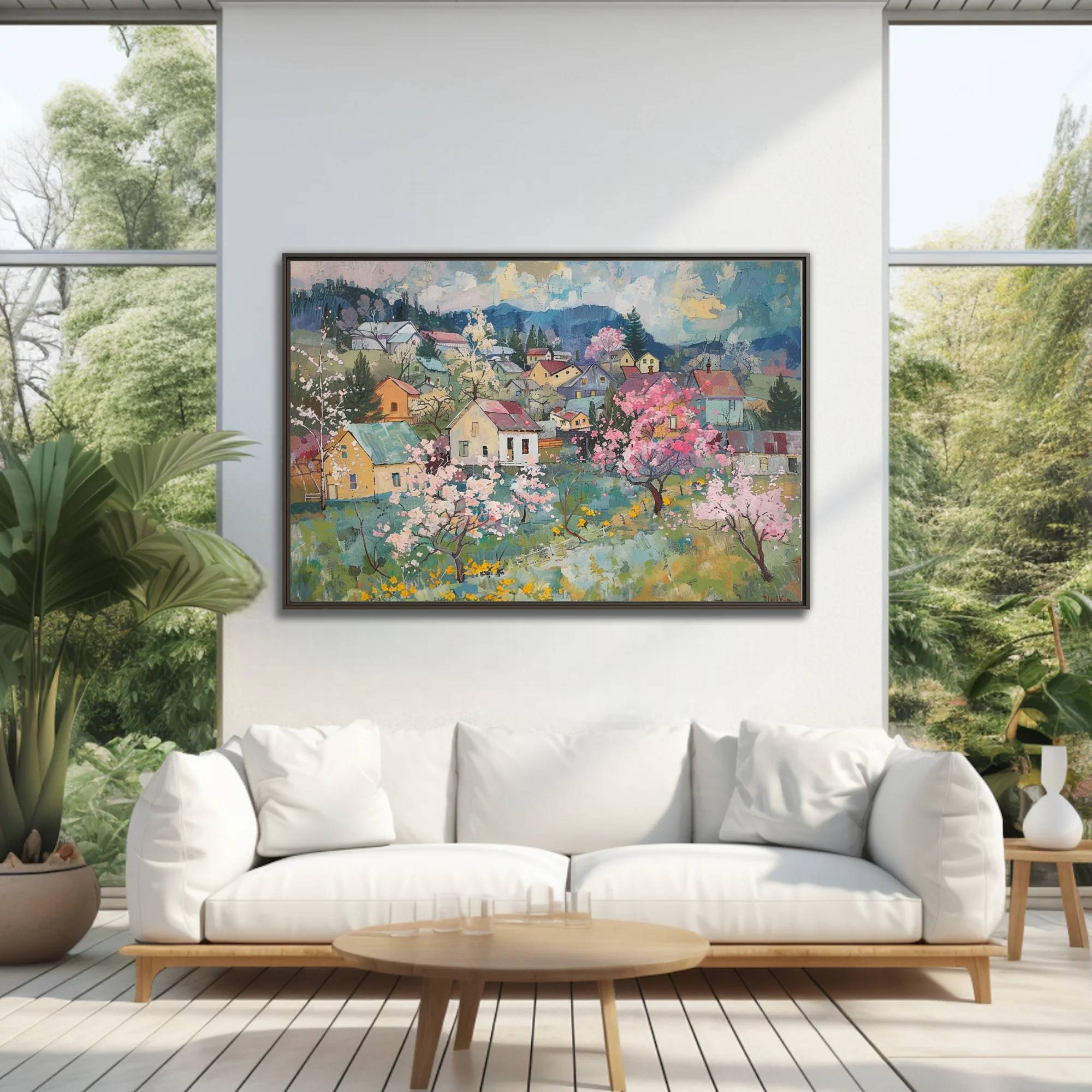 Painterly spring village with pink blossom trees, cottages, and blue mountains in soft pastel tones