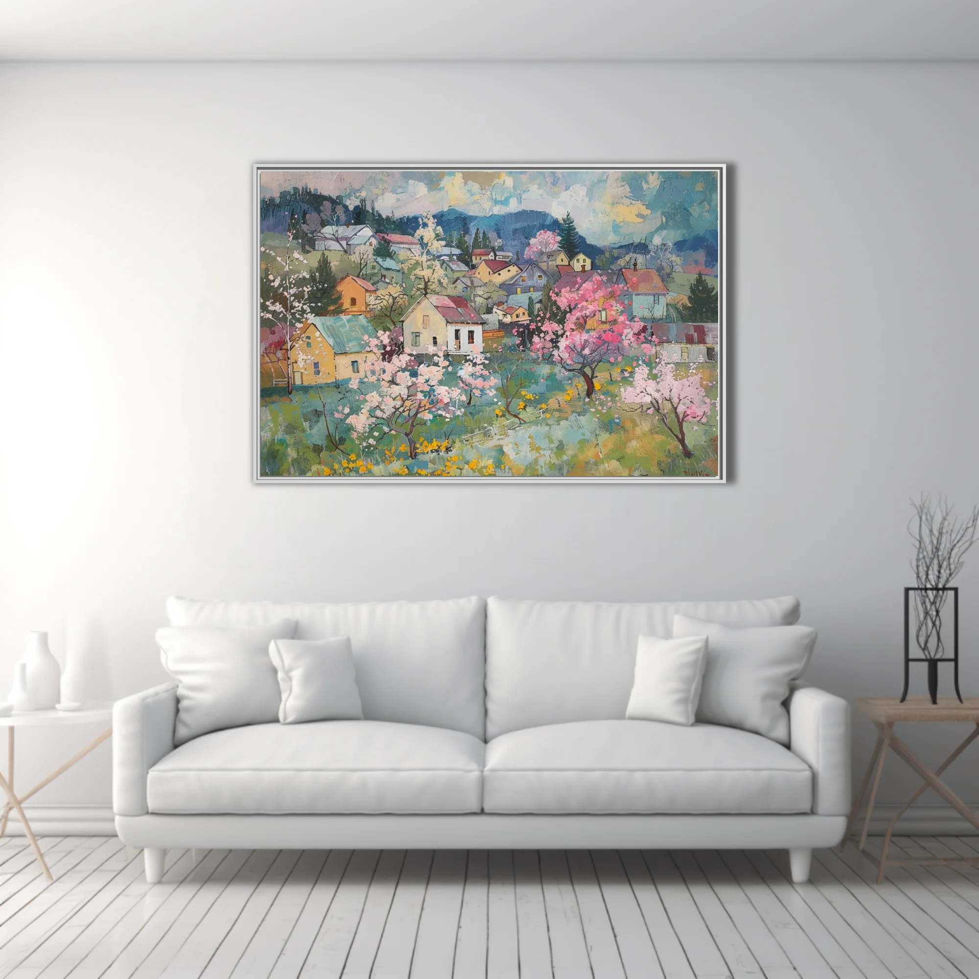 Painterly spring village with pink blossom trees, cottages, and blue mountains in soft pastel tones