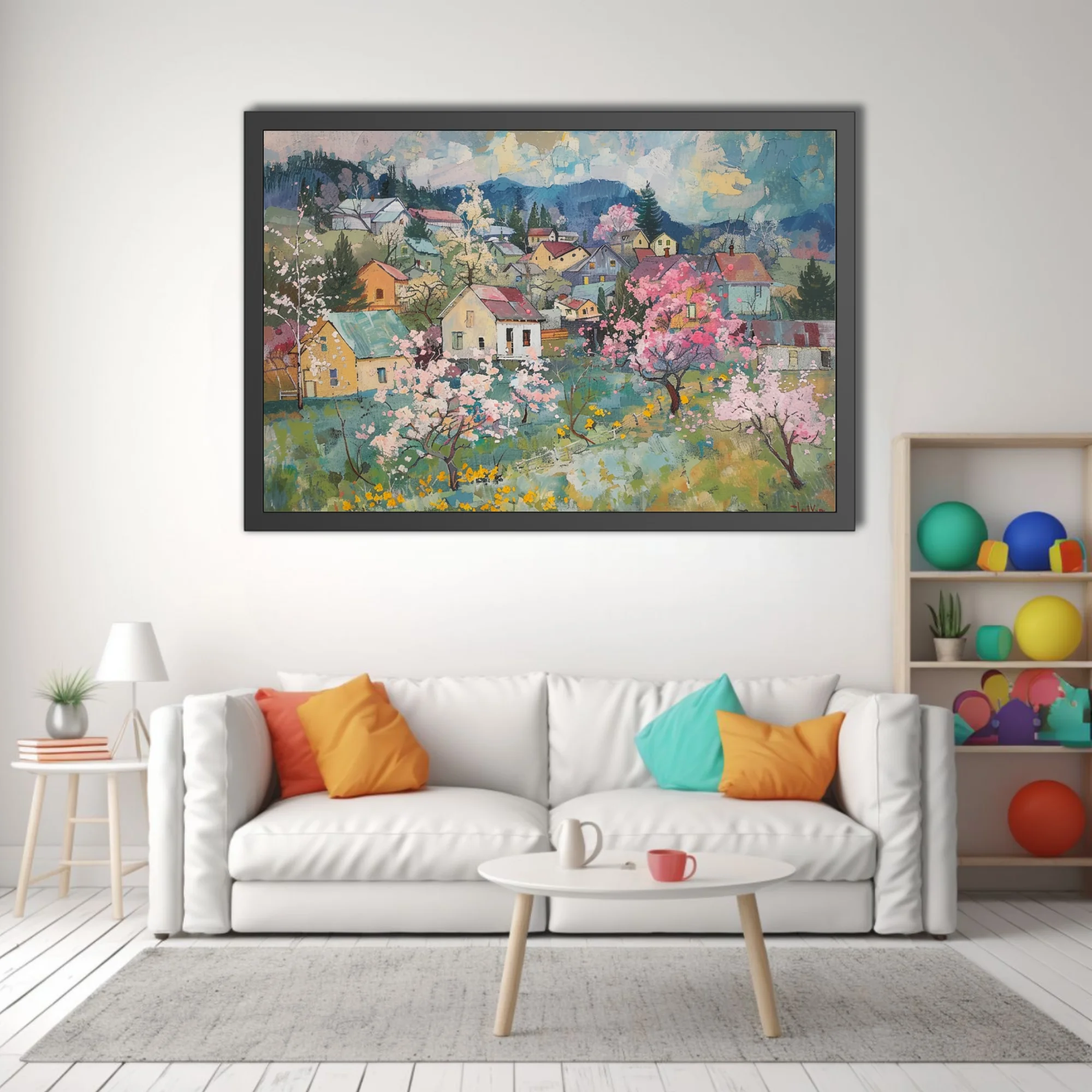 Painterly spring village with pink blossom trees, cottages, and blue mountains in soft pastel tones