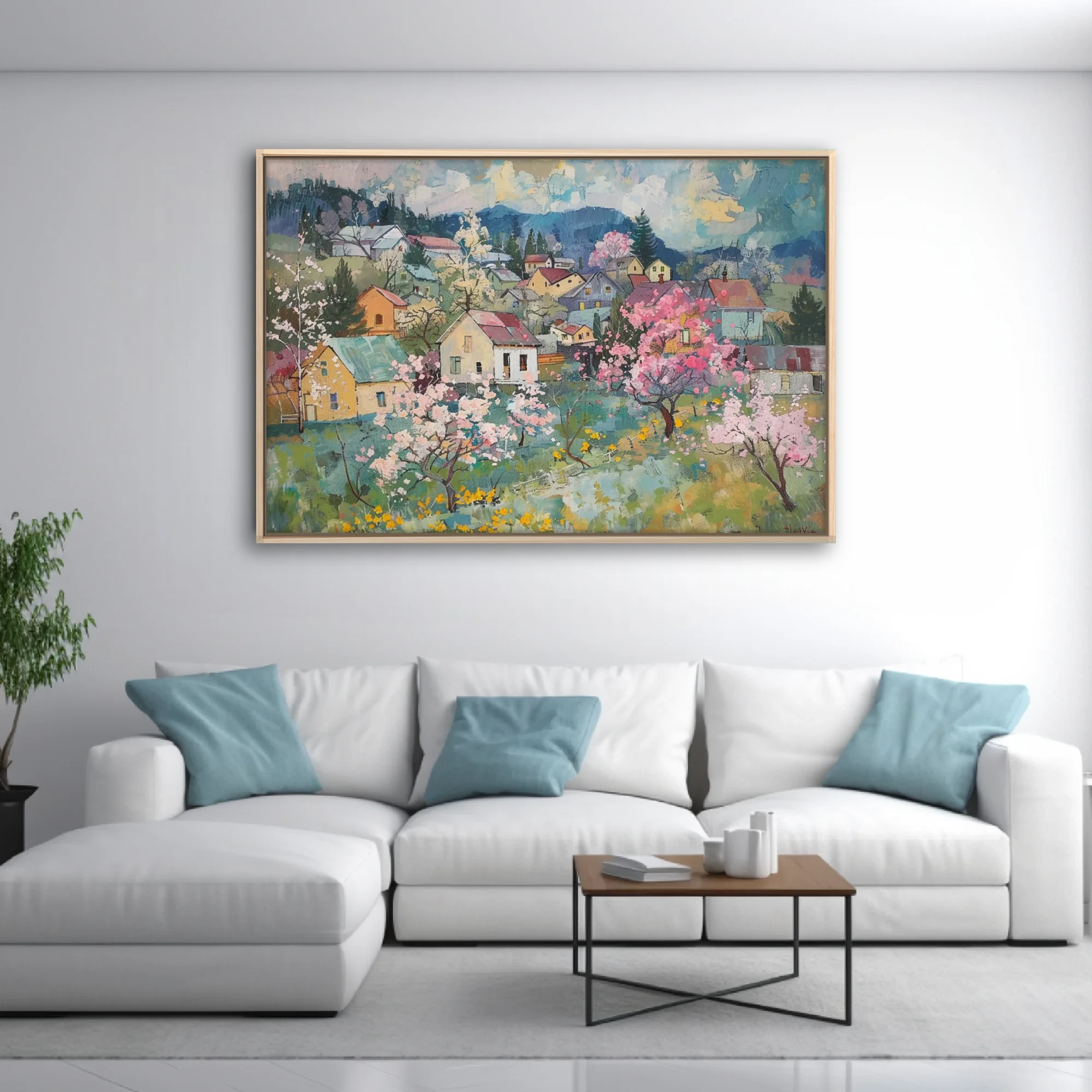 Painterly spring village with pink blossom trees, cottages, and blue mountains in soft pastel tones