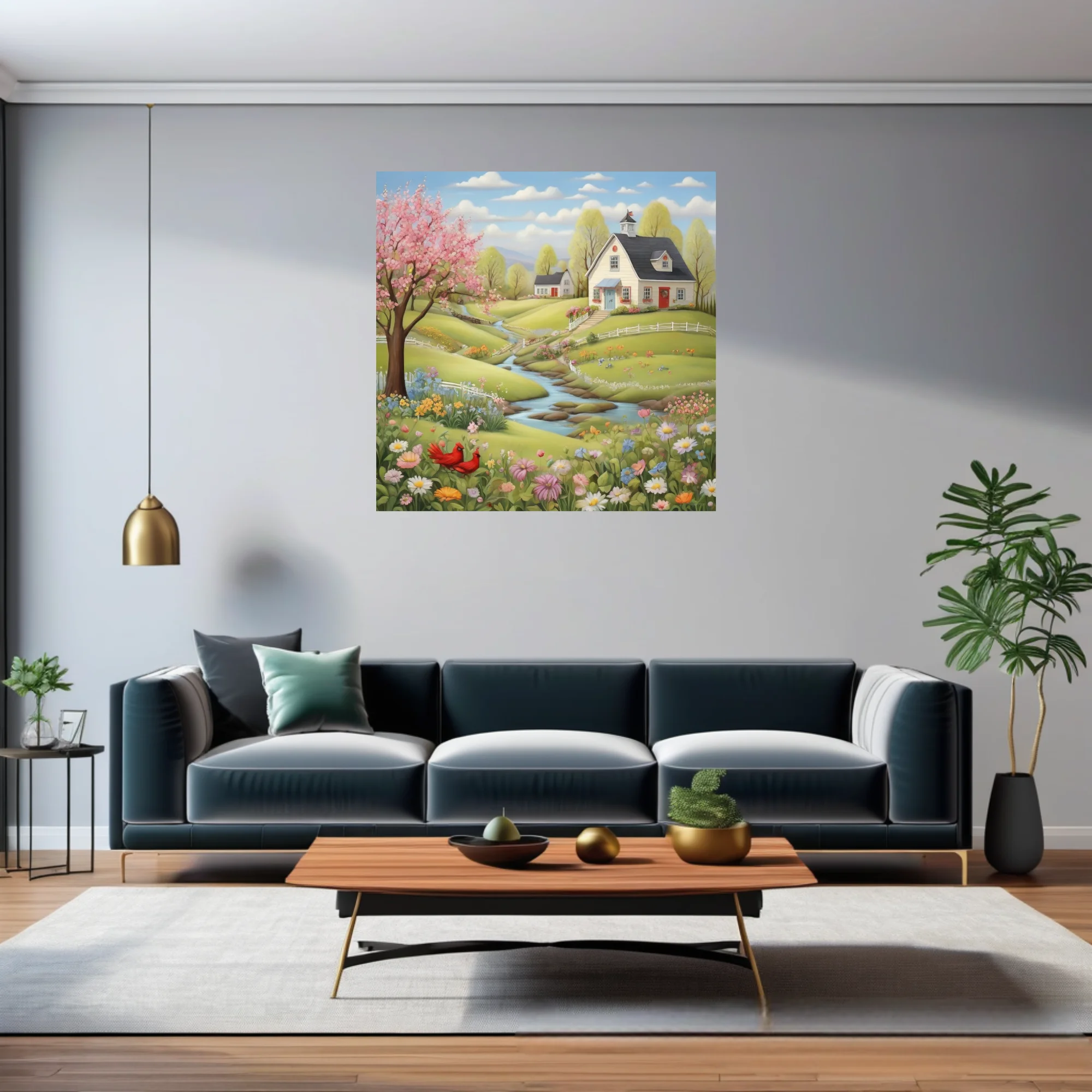 Folk-art spring village scene with blossoming trees, wildflowers, stream, and cottages