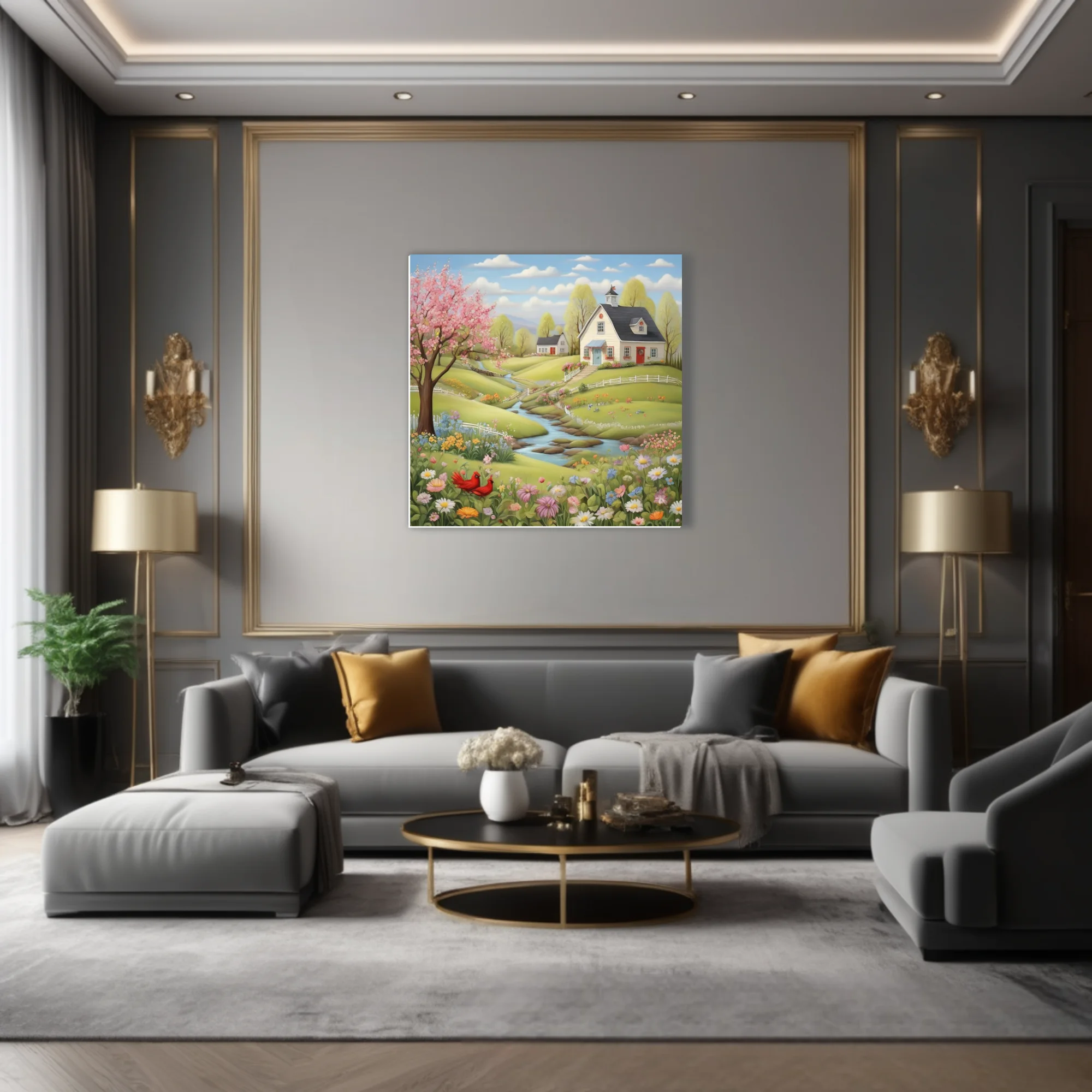 Folk-art spring village scene with blossoming trees, wildflowers, stream, and cottages
