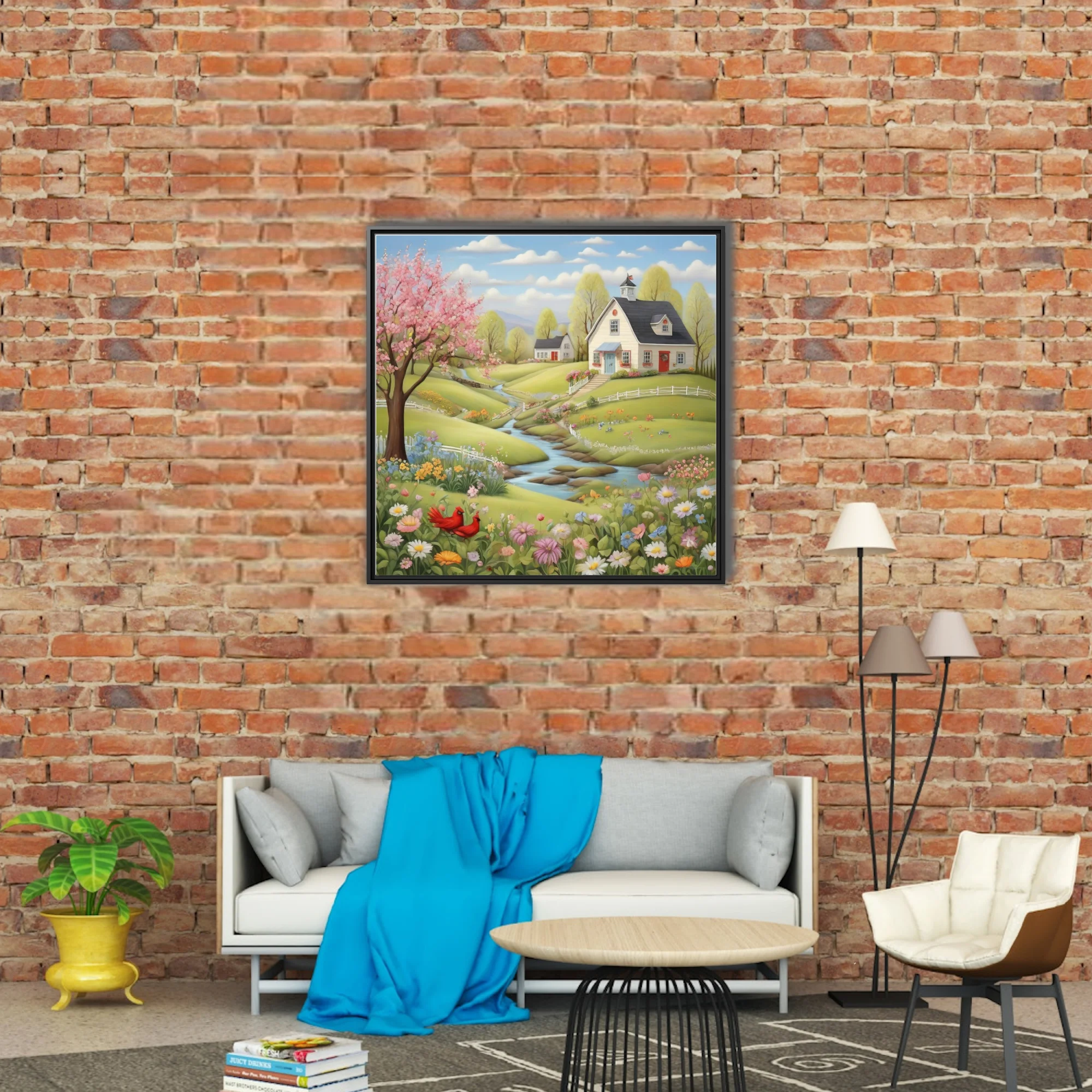 Folk-art spring village scene with blossoming trees, wildflowers, stream, and cottages