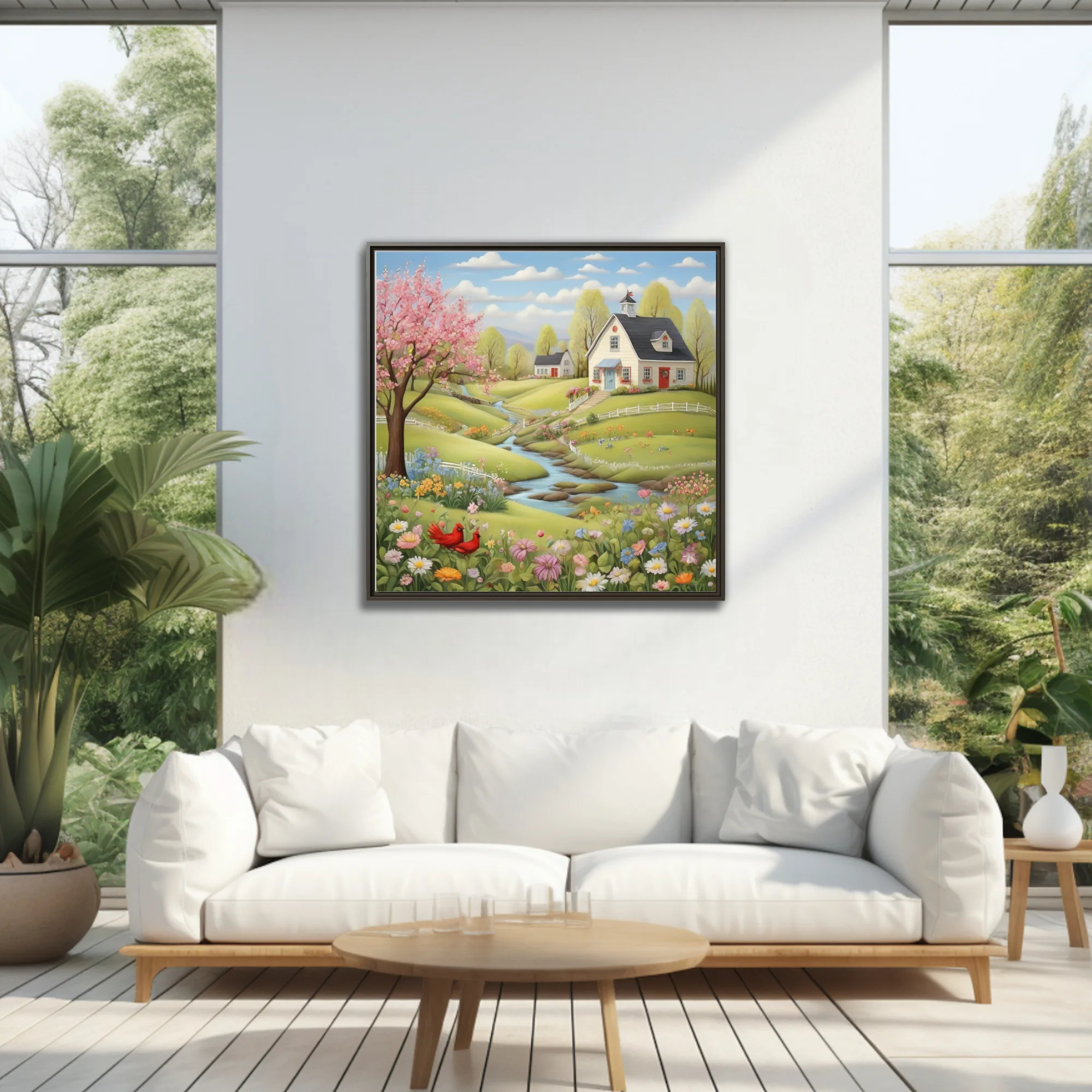 Folk-art spring village scene with blossoming trees, wildflowers, stream, and cottages