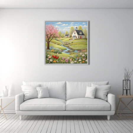 Folk-art spring village scene with blossoming trees, wildflowers, stream, and cottages