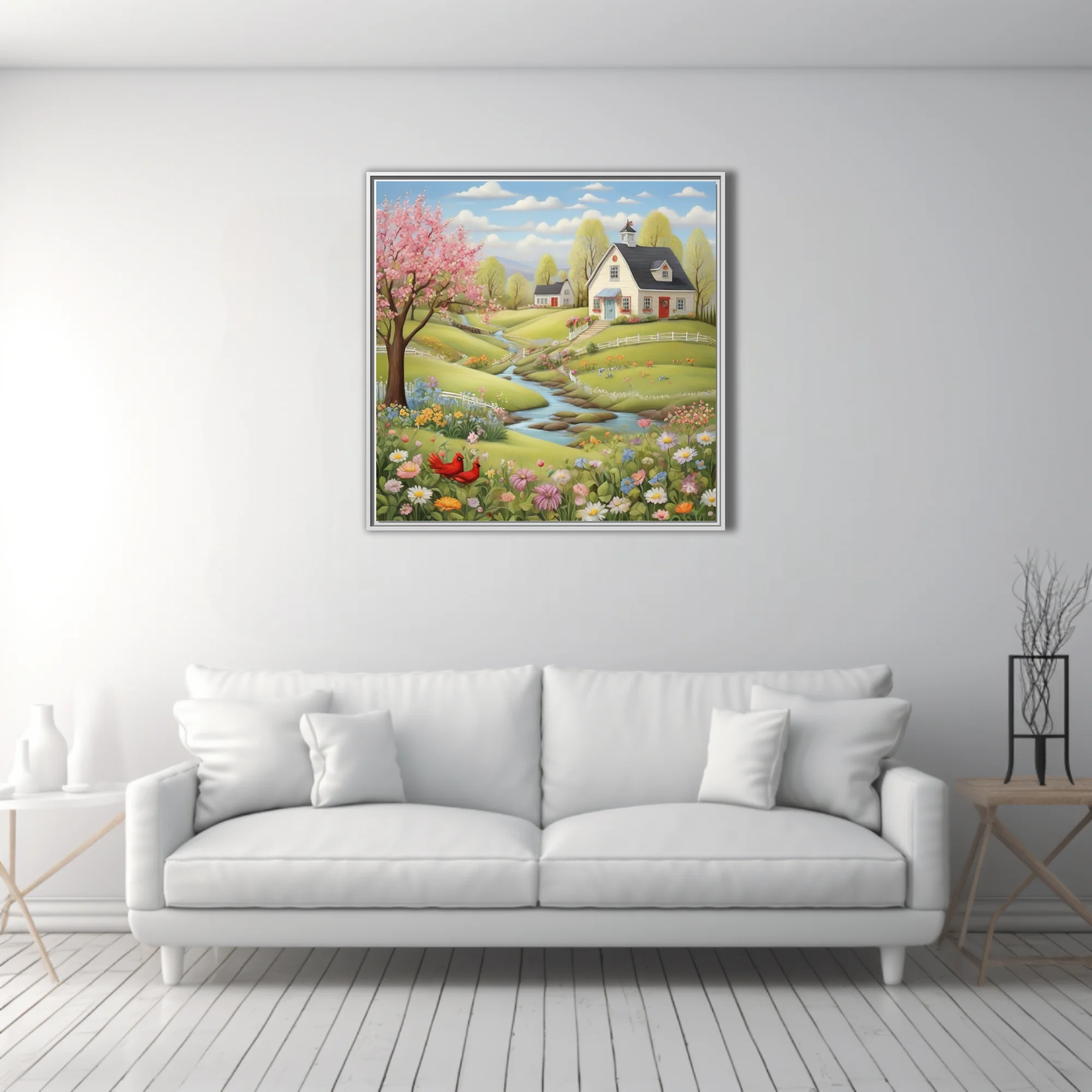 Folk-art spring village scene with blossoming trees, wildflowers, stream, and cottages