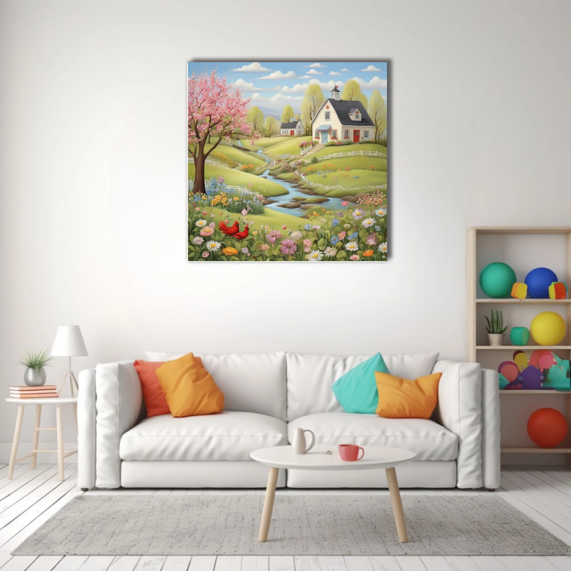 Folk-art spring village scene with blossoming trees, wildflowers, stream, and cottages