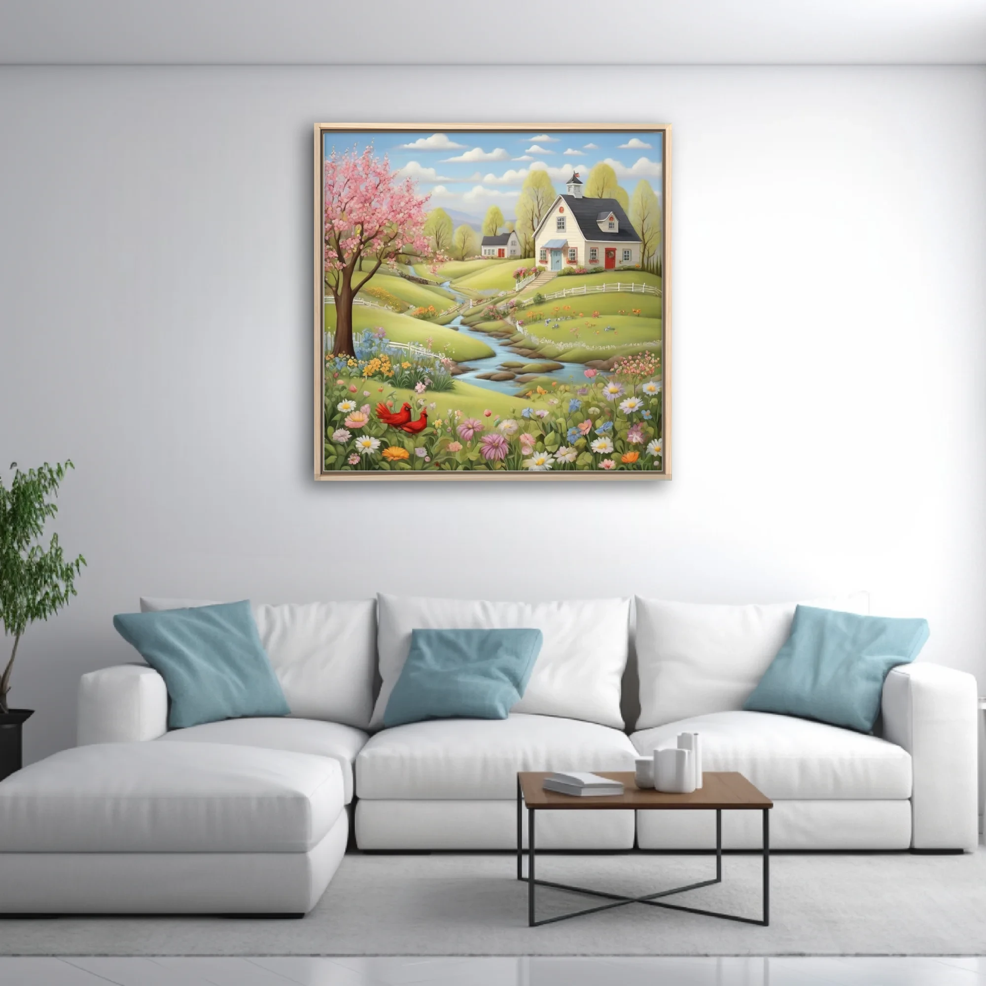 Folk-art spring village scene with blossoming trees, wildflowers, stream, and cottages
