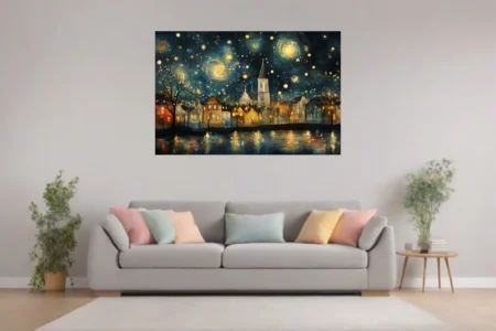 Whimsical starry-night village with church spire, swirling indigo sky and glowing golden lights