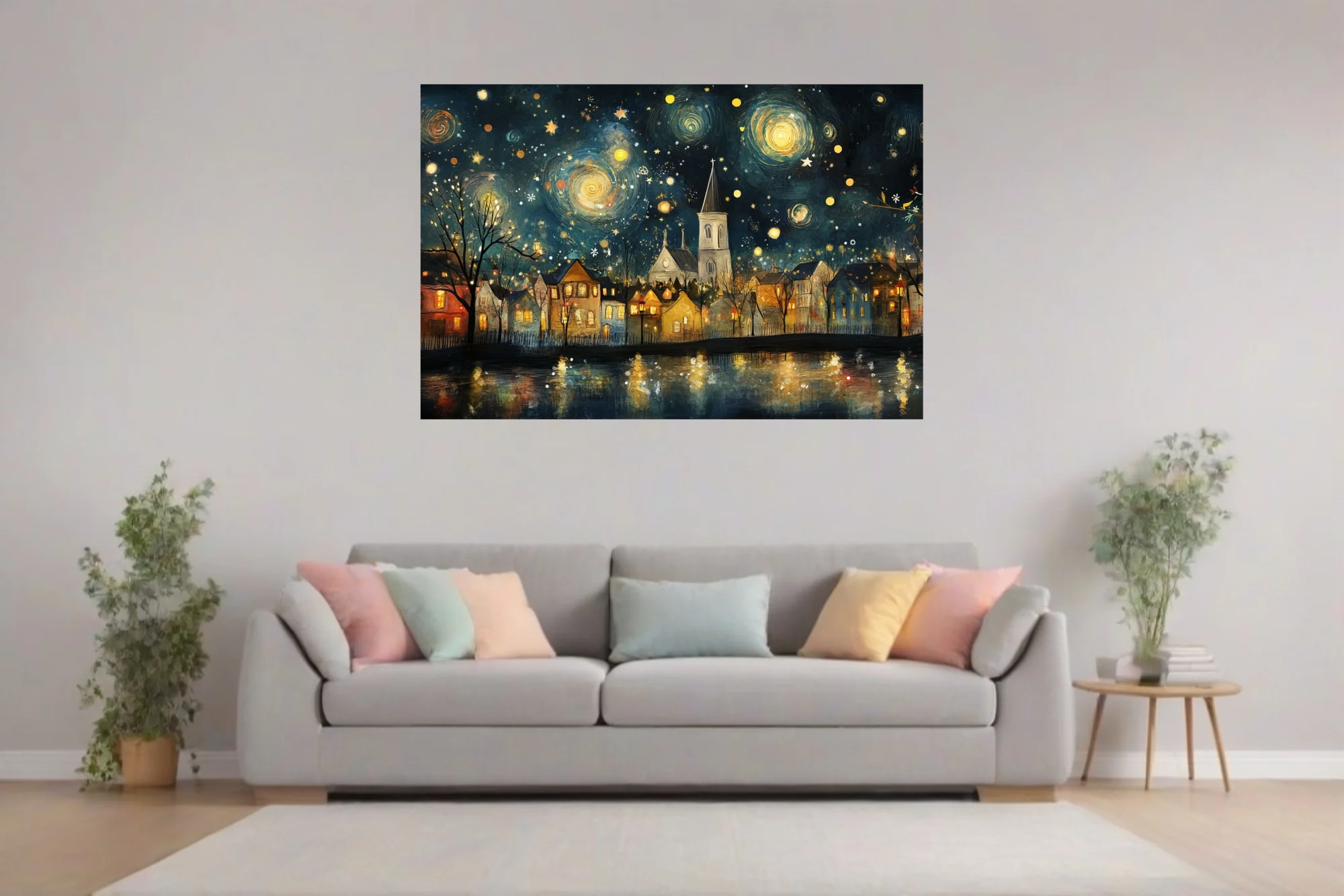 Whimsical starry-night village with church spire, swirling indigo sky and glowing golden lights