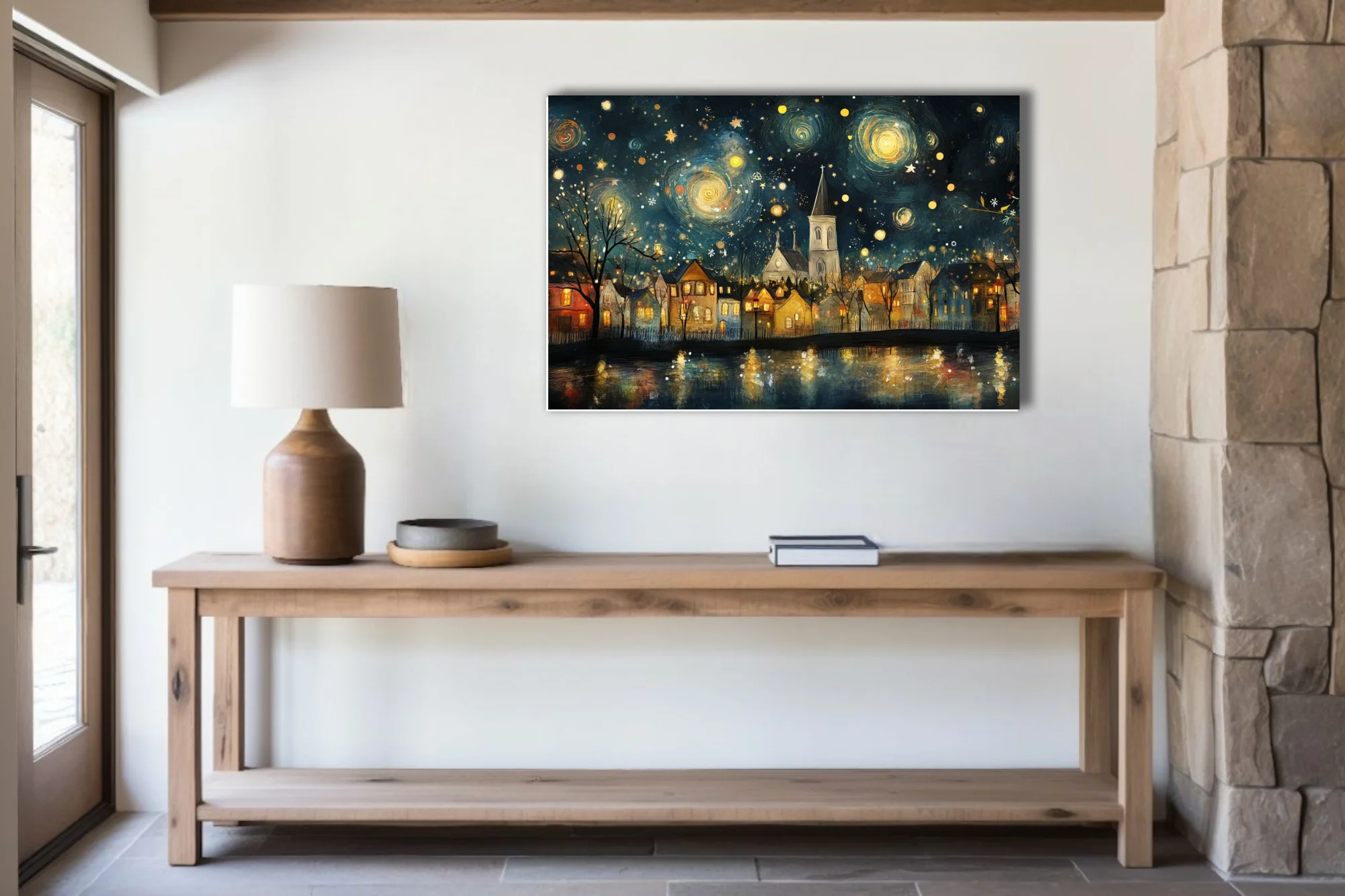 Whimsical starry-night village with church spire, swirling indigo sky and glowing golden lights