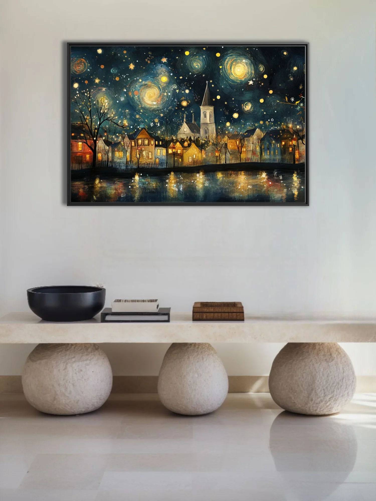 Whimsical starry-night village with church spire, swirling indigo sky and glowing golden lights