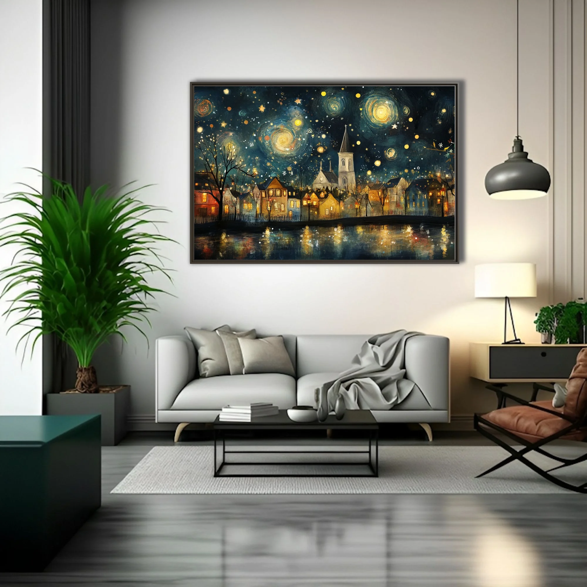 Whimsical starry-night village with church spire, swirling indigo sky and glowing golden lights