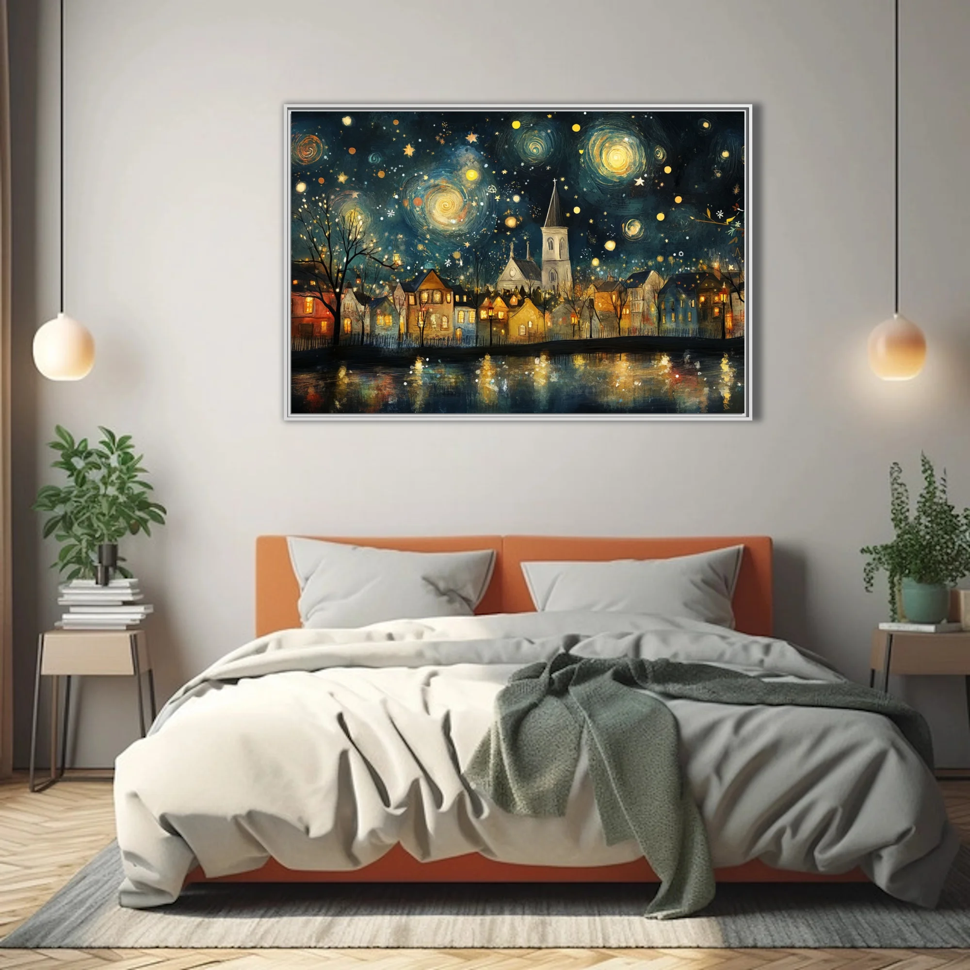 Whimsical starry-night village with church spire, swirling indigo sky and glowing golden lights