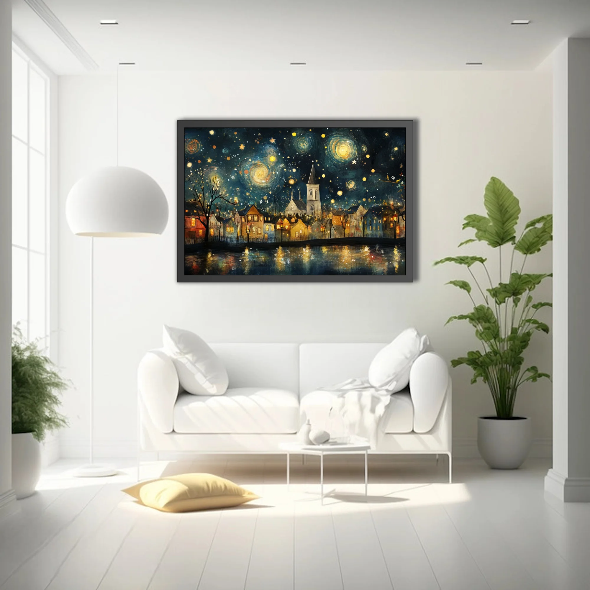Whimsical starry-night village with church spire, swirling indigo sky and glowing golden lights