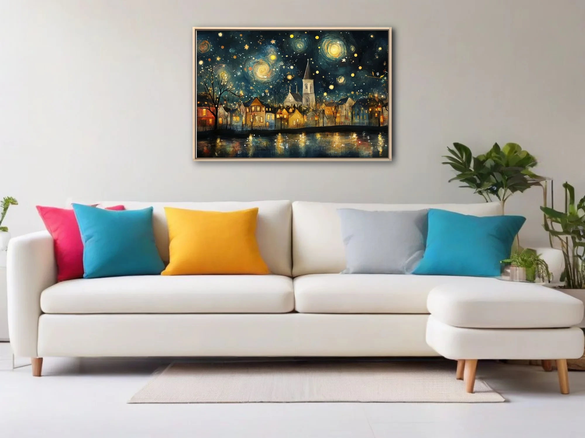 Whimsical starry-night village with church spire, swirling indigo sky and glowing golden lights