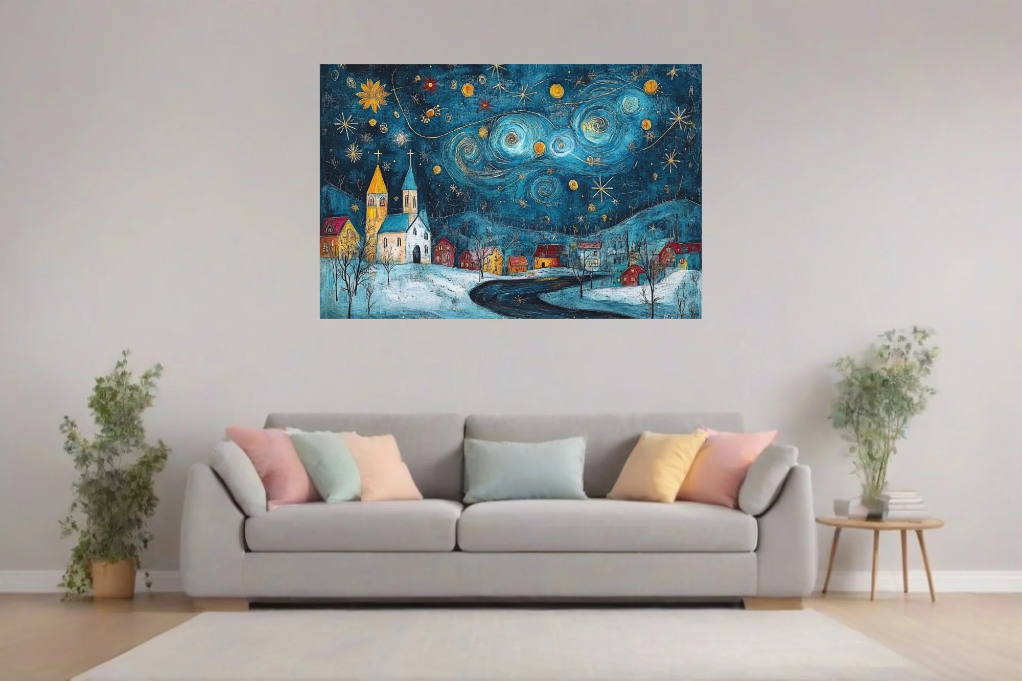 Folk-art starry night village in teal and gold, swirling sky over snowy church and cottages