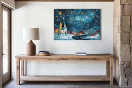 Folk-art starry night village in teal and gold, swirling sky over snowy church and cottages