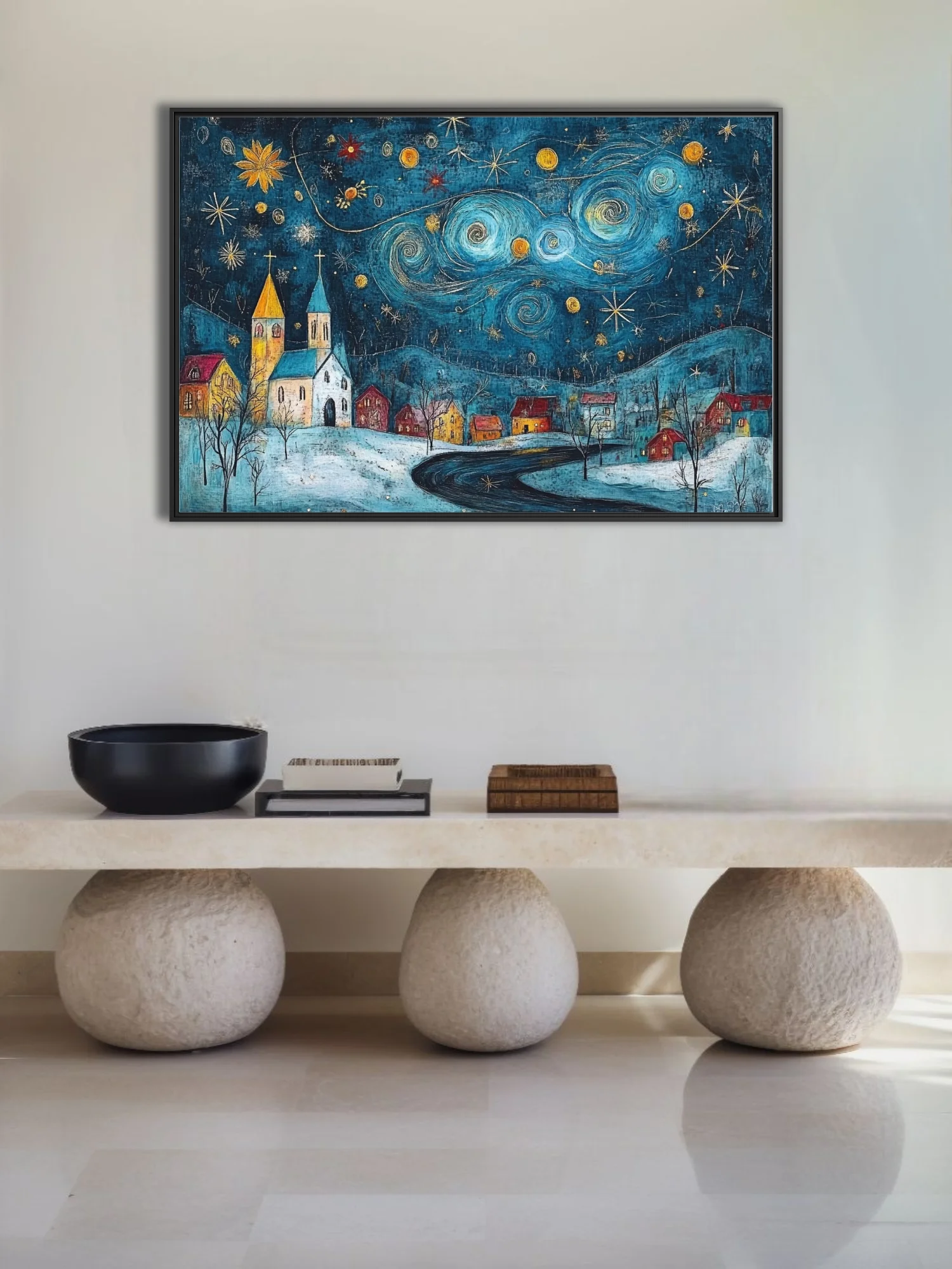 Folk-art starry night village in teal and gold, swirling sky over snowy church and cottages