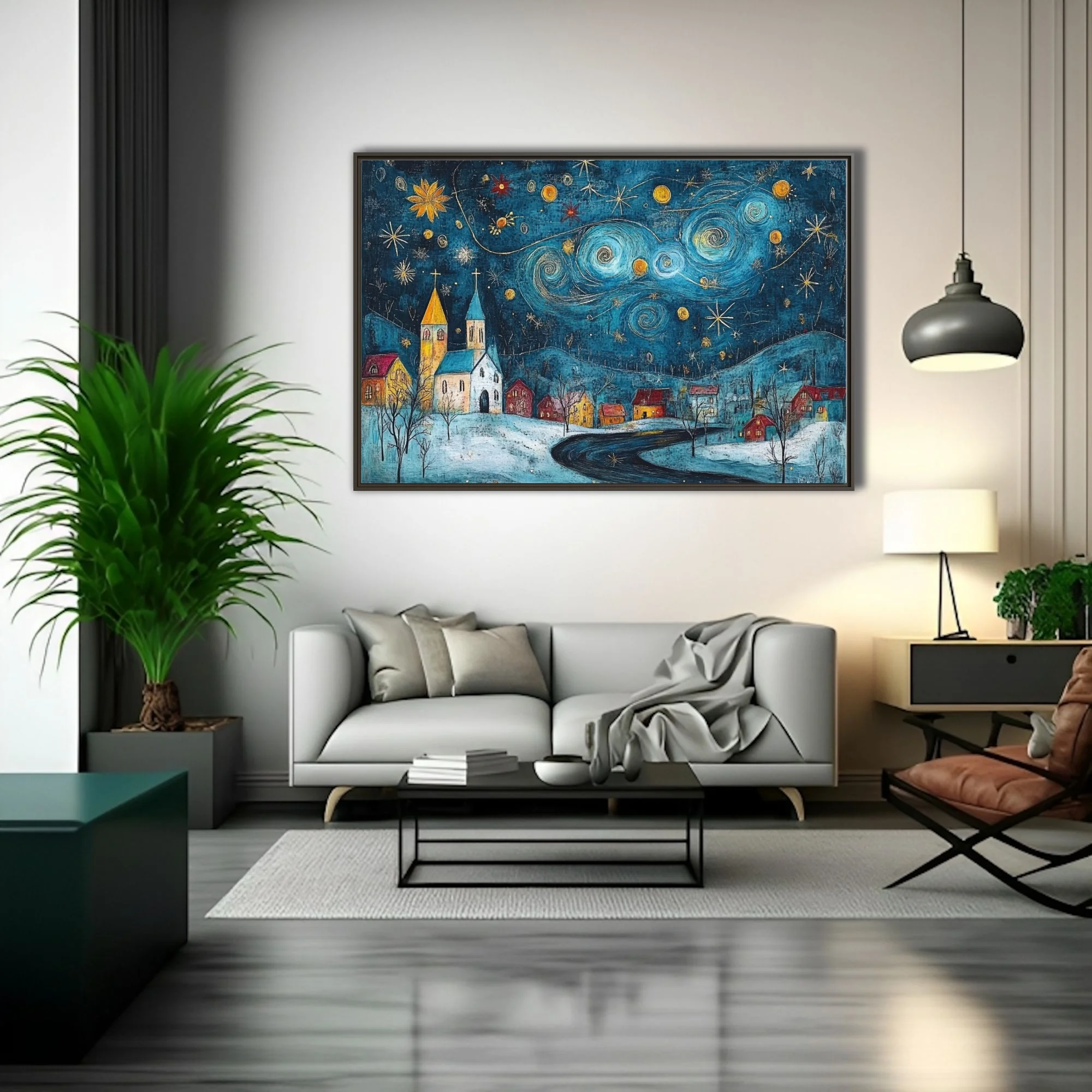 Folk-art starry night village in teal and gold, swirling sky over snowy church and cottages