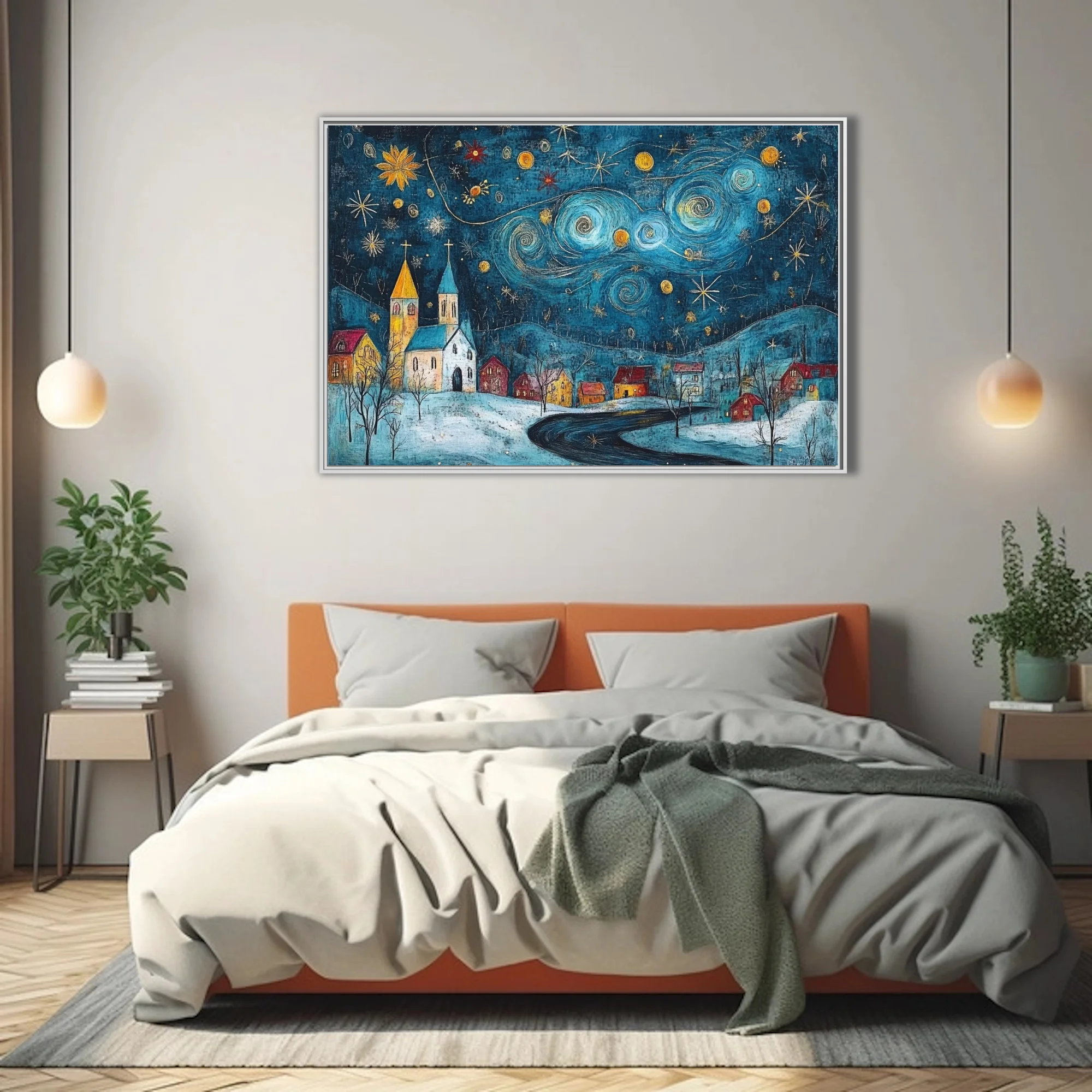Folk-art starry night village in teal and gold, swirling sky over snowy church and cottages