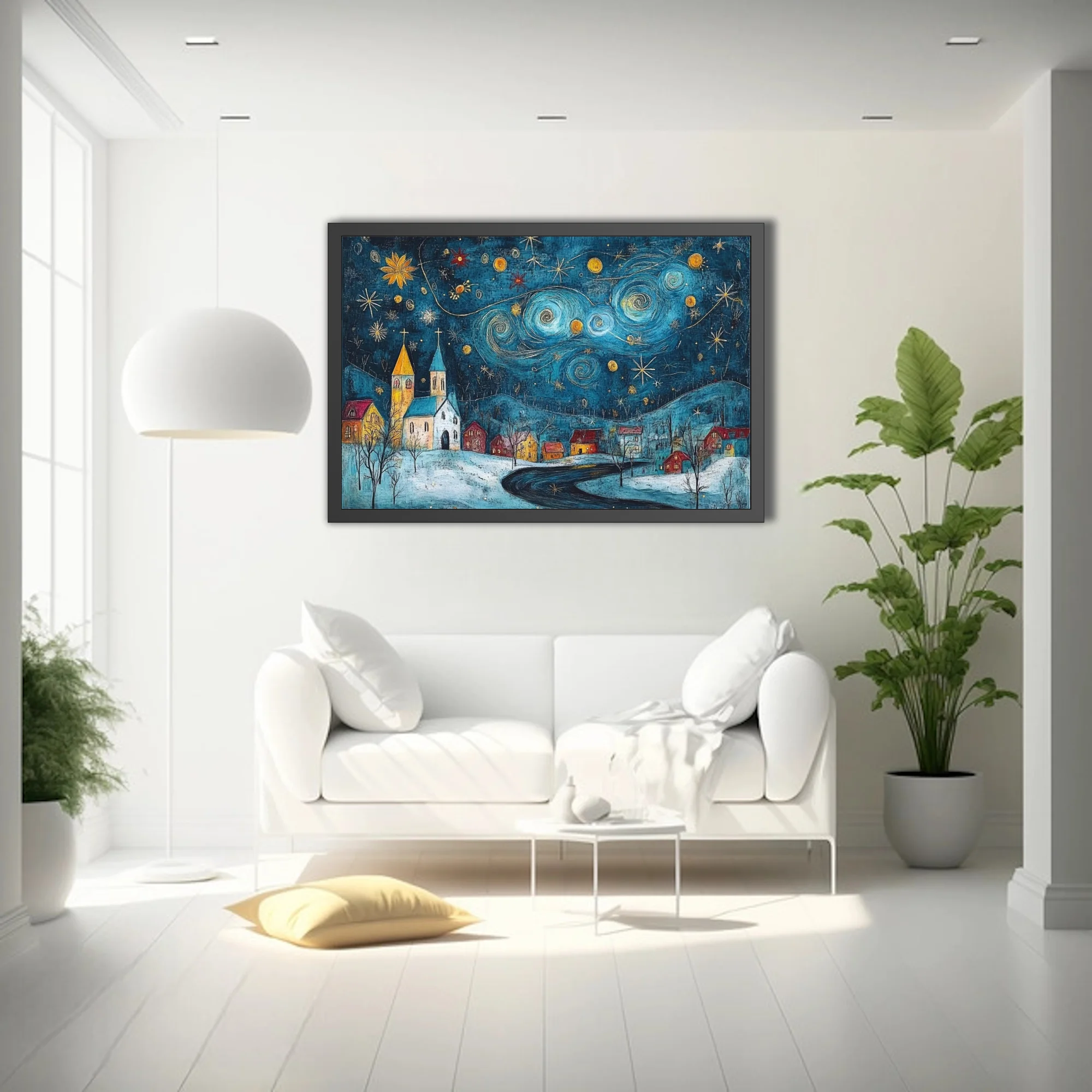 Folk-art starry night village in teal and gold, swirling sky over snowy church and cottages