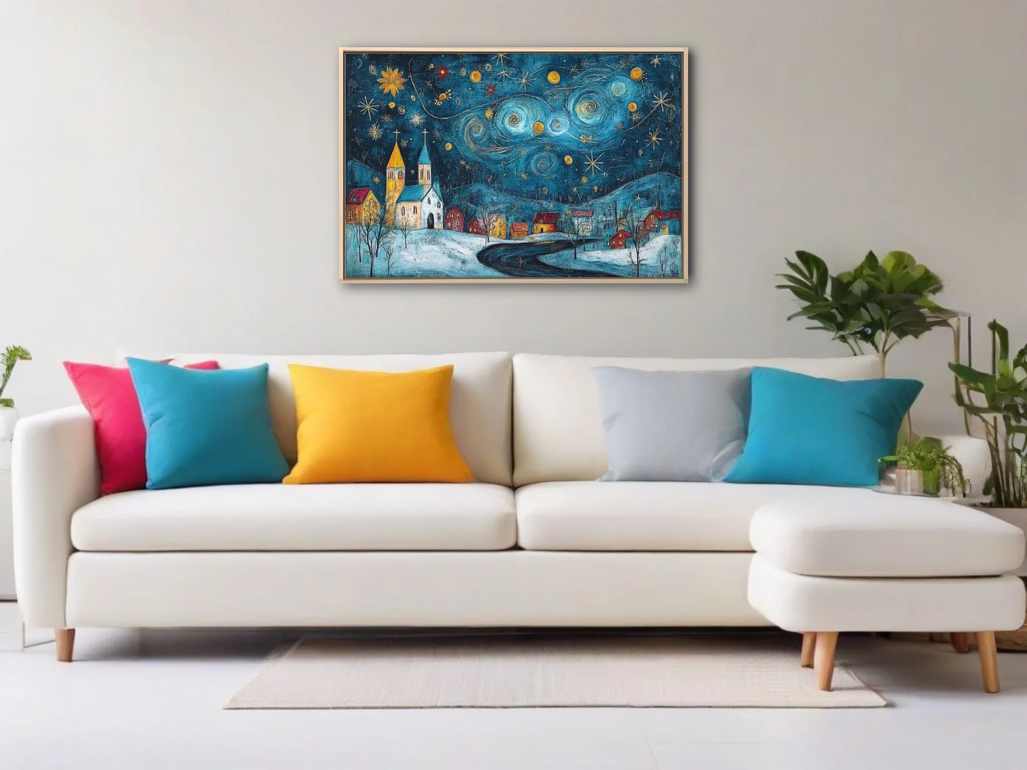 Folk-art starry night village in teal and gold, swirling sky over snowy church and cottages