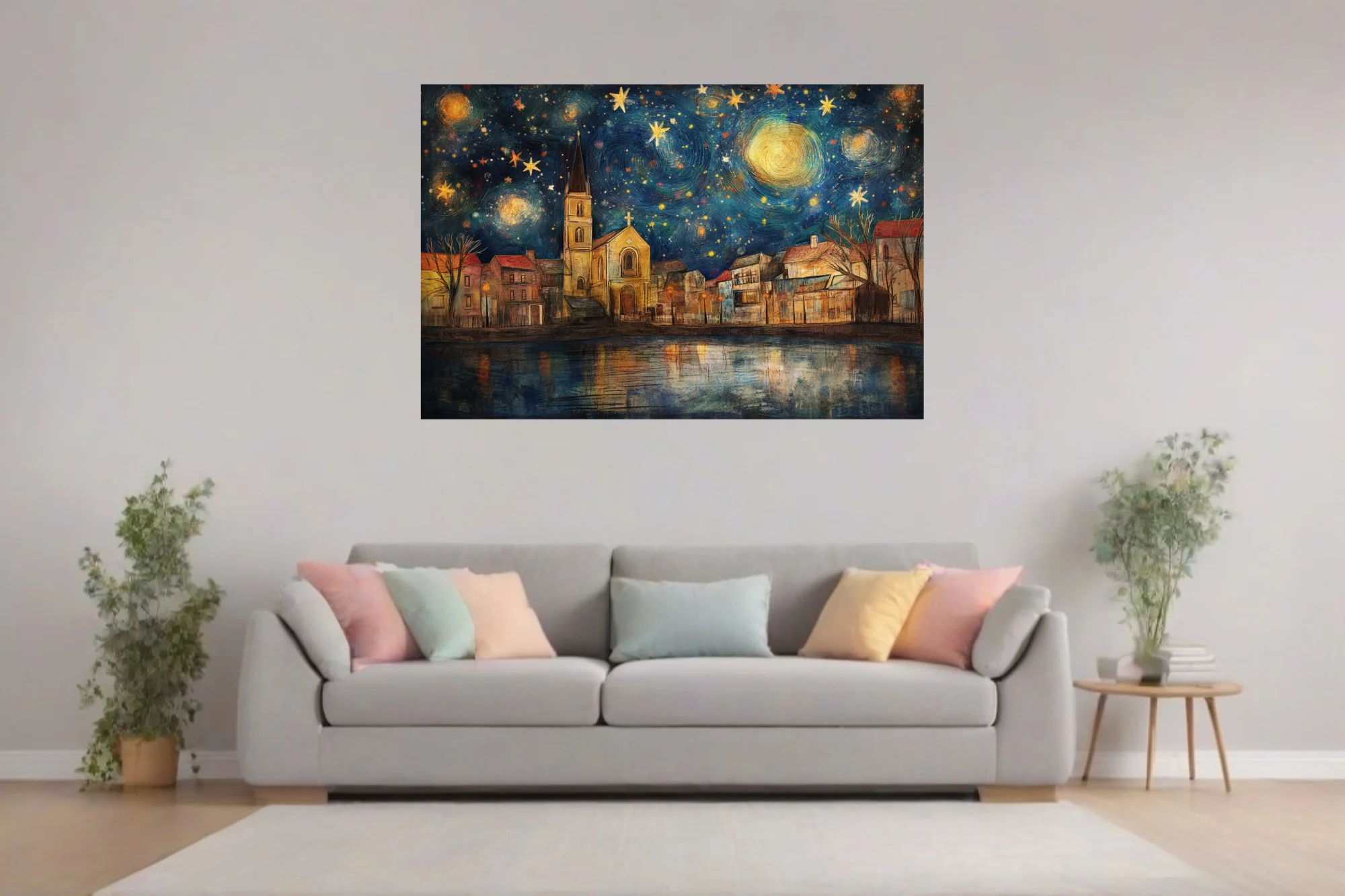Expressive painterly starry night village with church spire, cobalt sky and golden stars