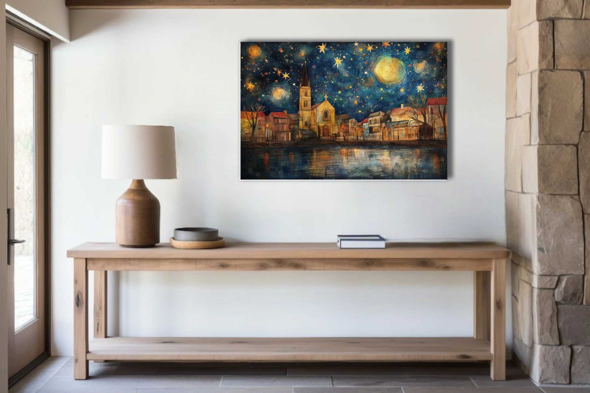 Expressive painterly starry night village with church spire, cobalt sky and golden stars