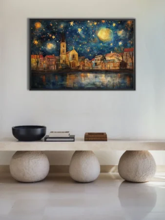Expressive painterly starry night village with church spire, cobalt sky and golden stars
