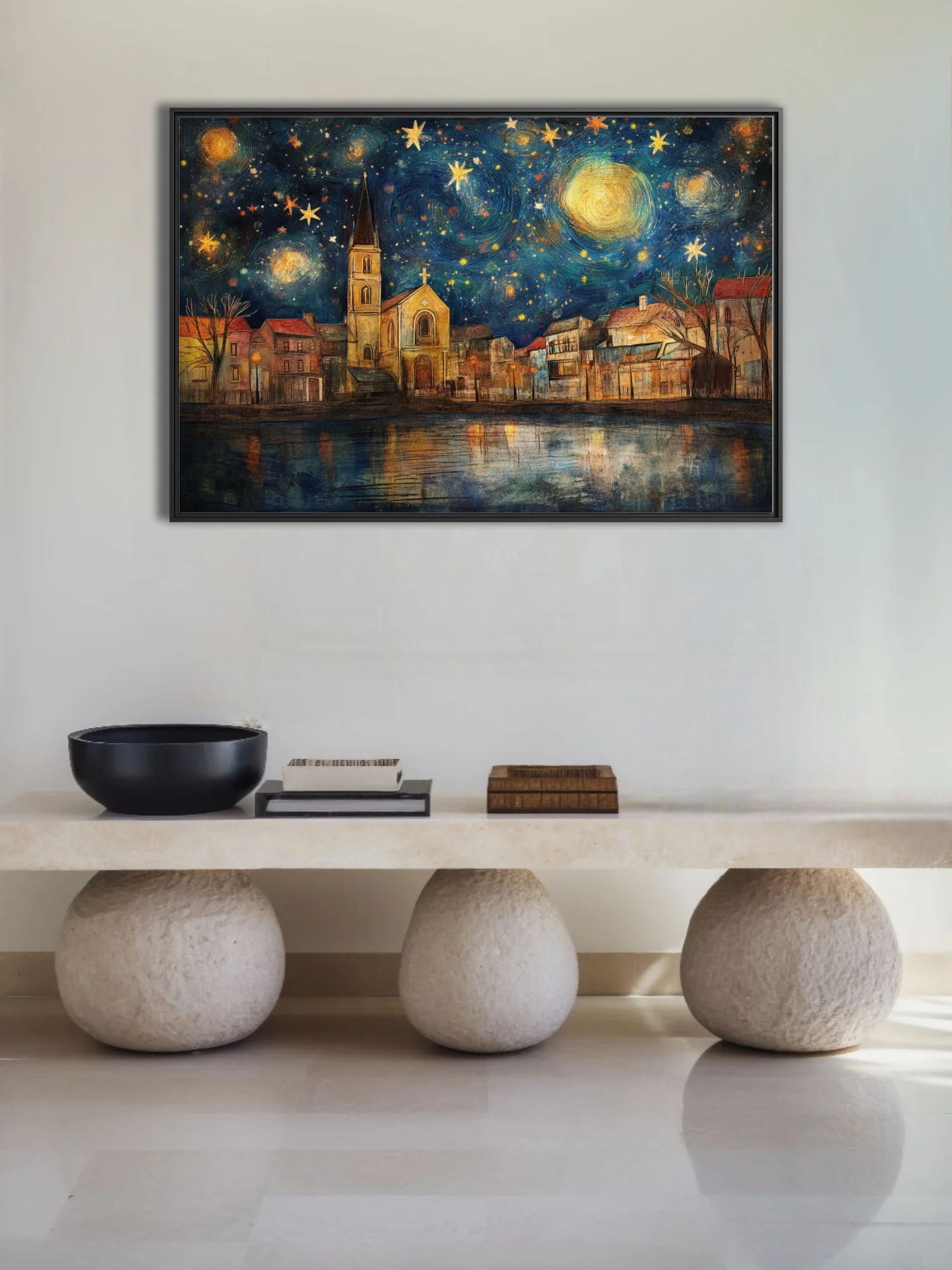Expressive painterly starry night village with church spire, cobalt sky and golden stars