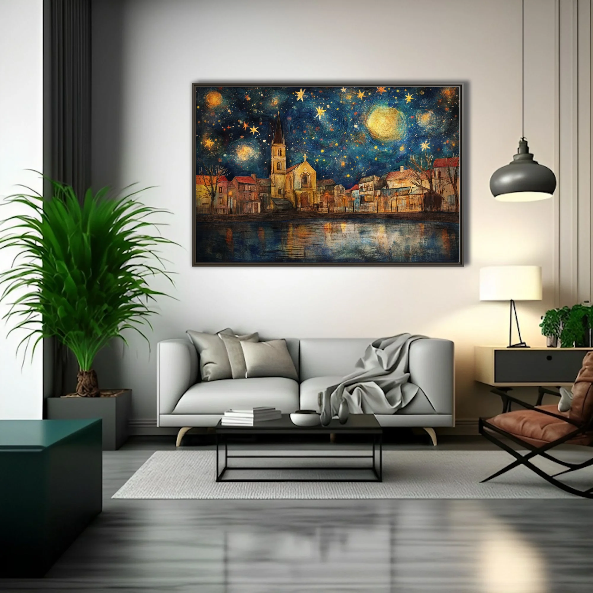 Expressive painterly starry night village with church spire, cobalt sky and golden stars